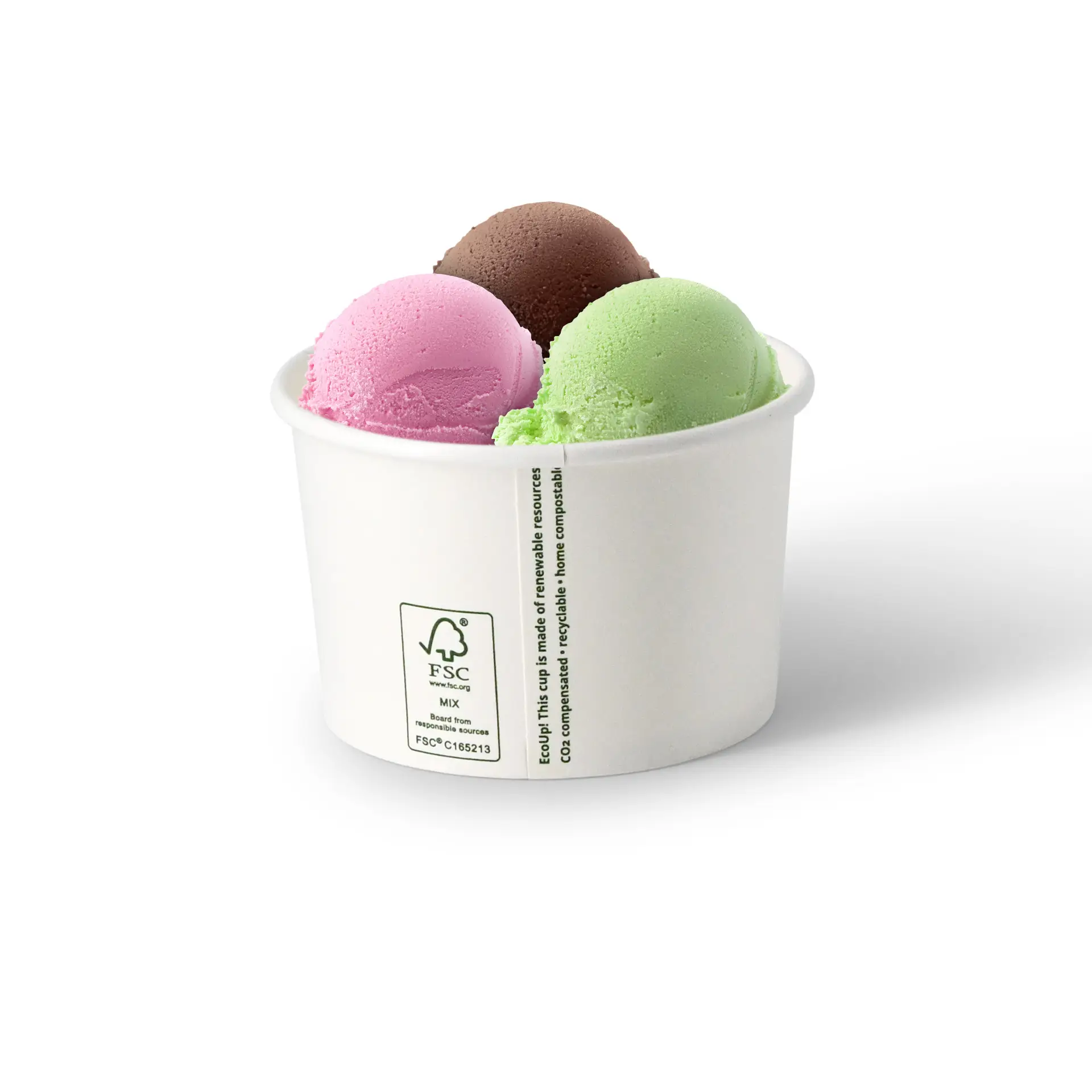 Tre palline di gelato in un bicchiere di carta bianco, con sapori rosa, verde e marrone, contrassegnato da certificazione FSC.