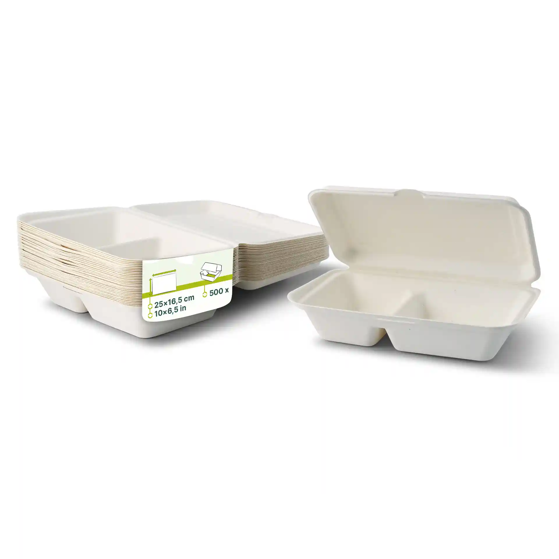 Contenitori per menu rettangolari in canna da zucchero bianco crema con due scomparti e coperchio a cerniera, impilati con uno aperto.
