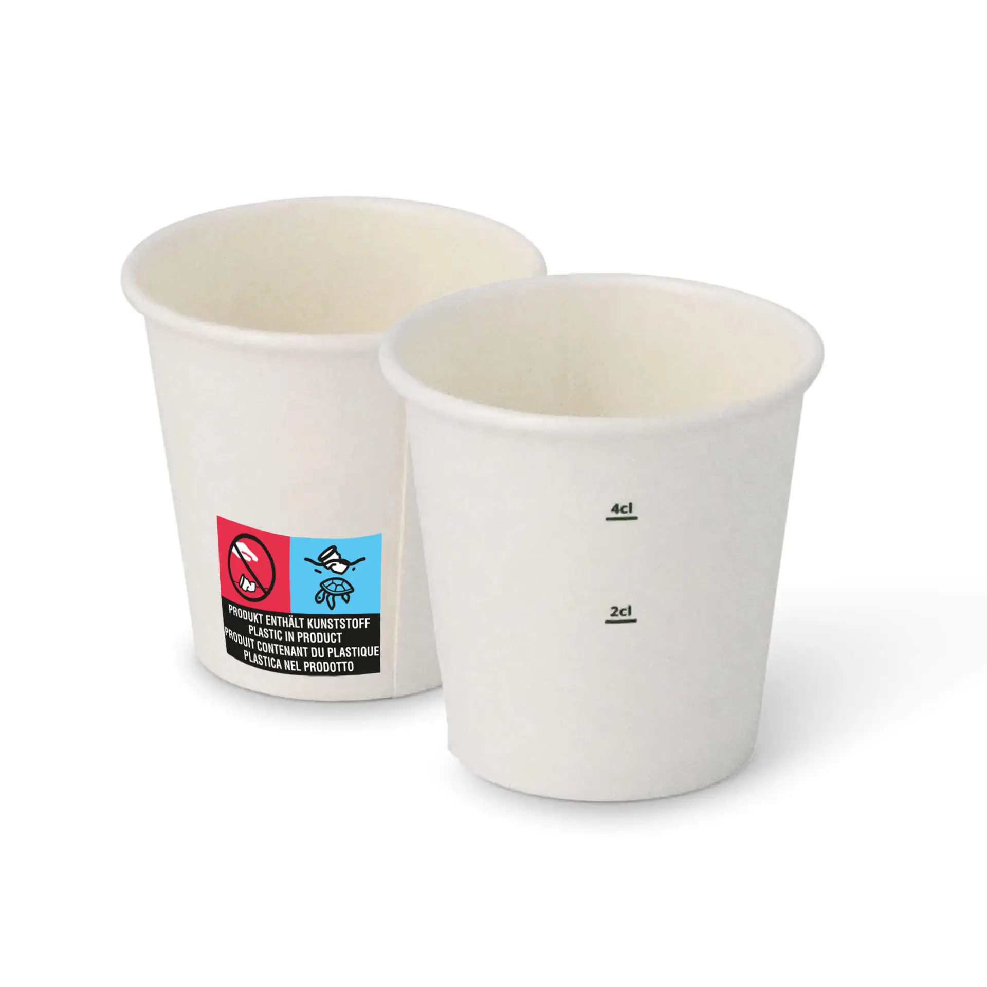 Due bicchieri di carta bianchi da 2 oz con rivestimento in PE; un bicchiere mostra indicatori per misurare il volume.