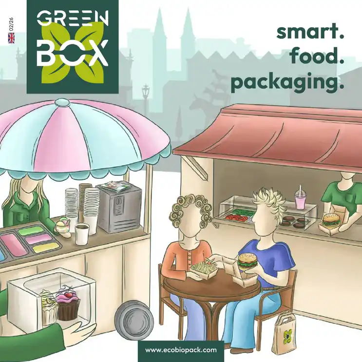 Illustrazione di una scena di mercato alimentare con un venditore sotto un tendone a strisce, clienti ai tavoli e vari alimenti esposti.