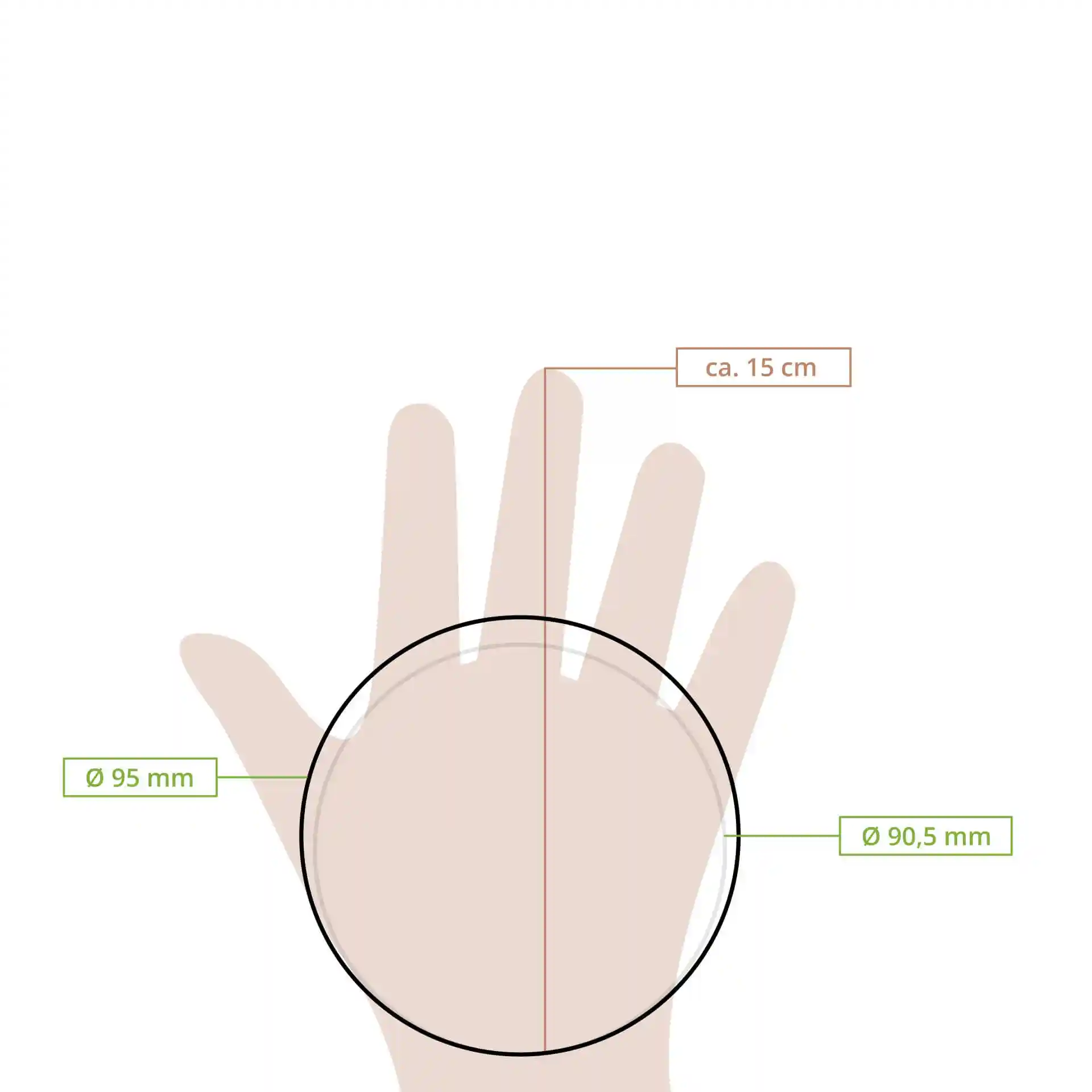 Disegno schematico di una mano con un cerchio che indica un diametro di 95 mm e un'altezza di circa 15 cm.