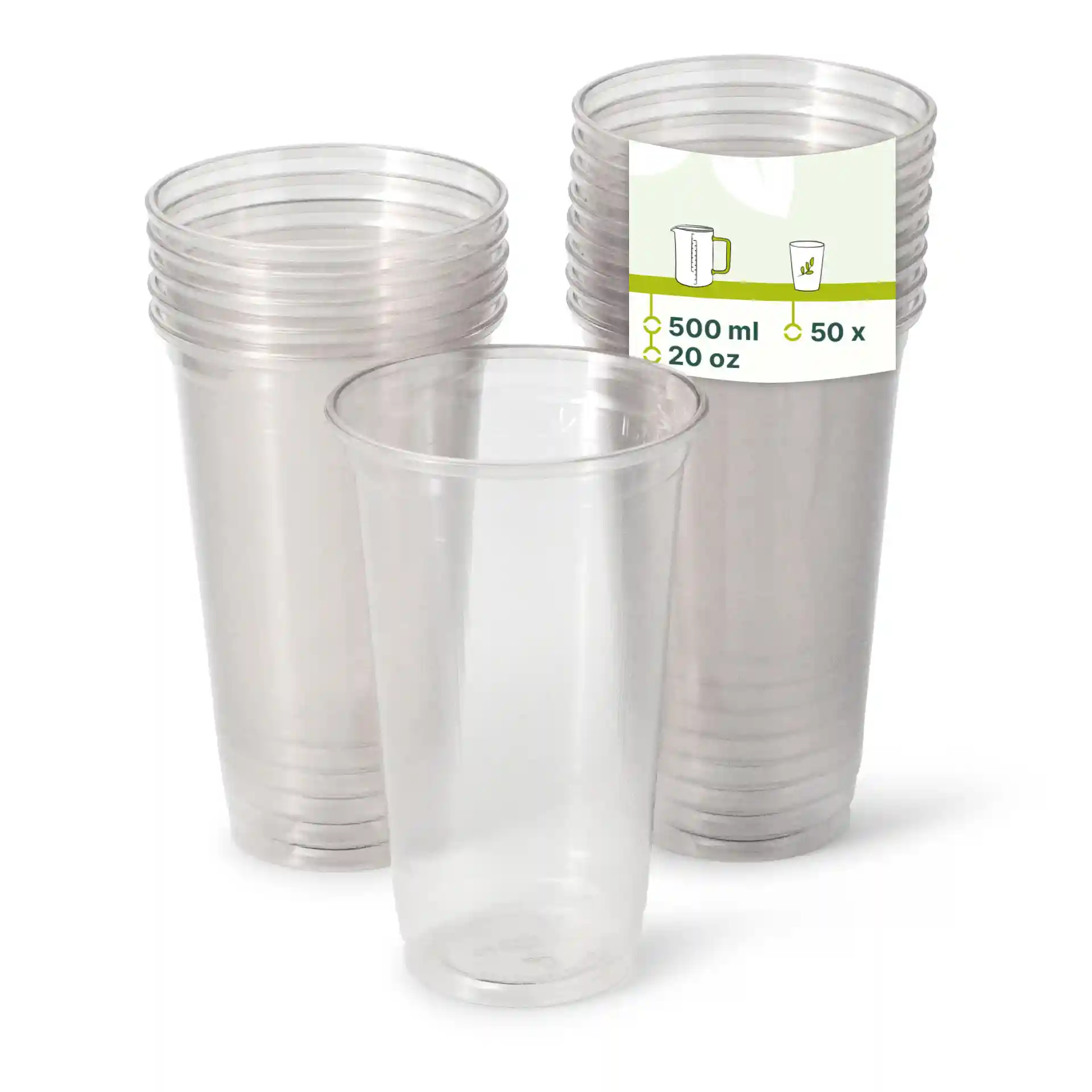Bicchieri trasparenti da 20 oz in rPET impilati con un bicchiere davanti, che mostra un'etichetta con i dettagli del volume.