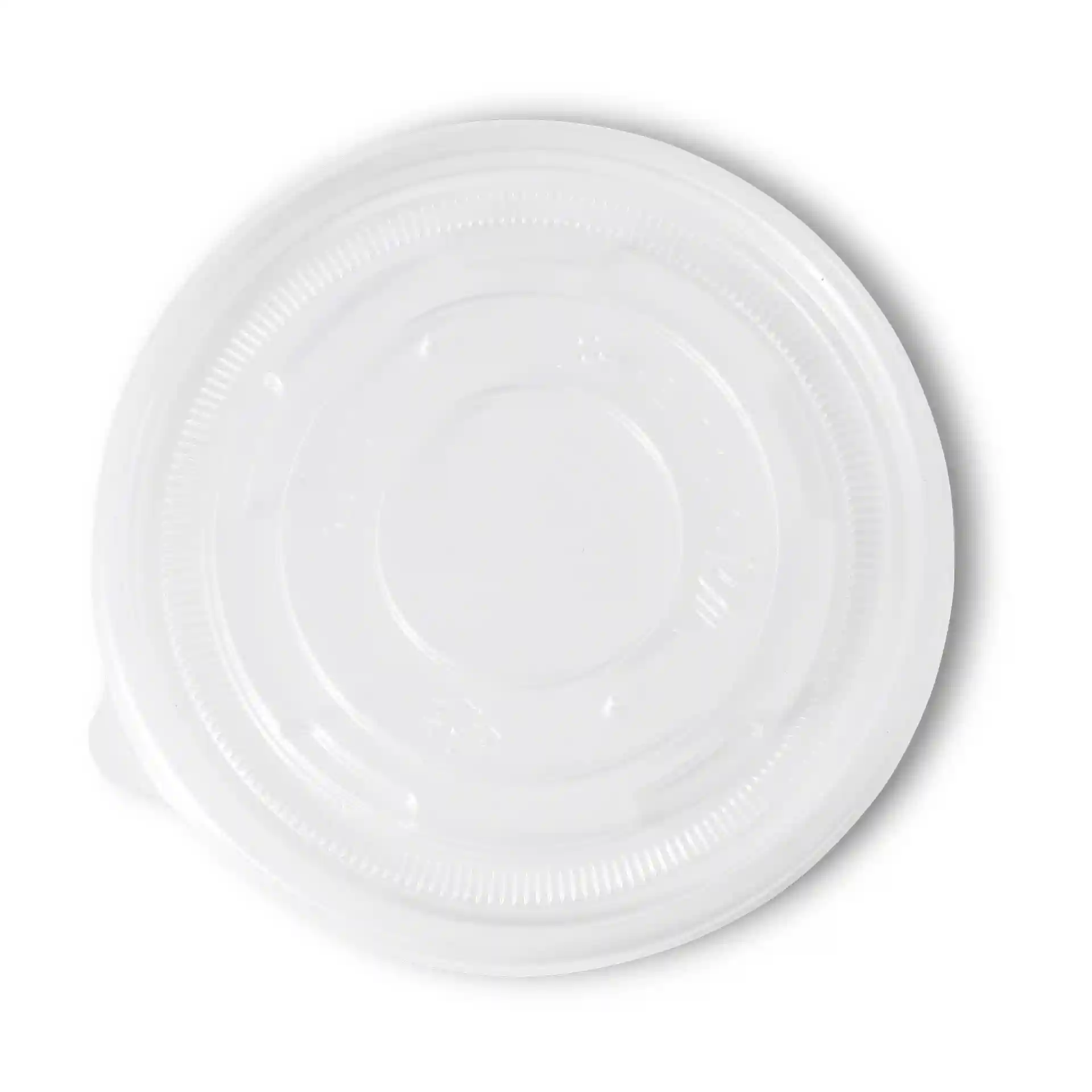 Coperchio piatto rotondo trasparente con un diametro di 115 mm, progettato per bicchieri universali.