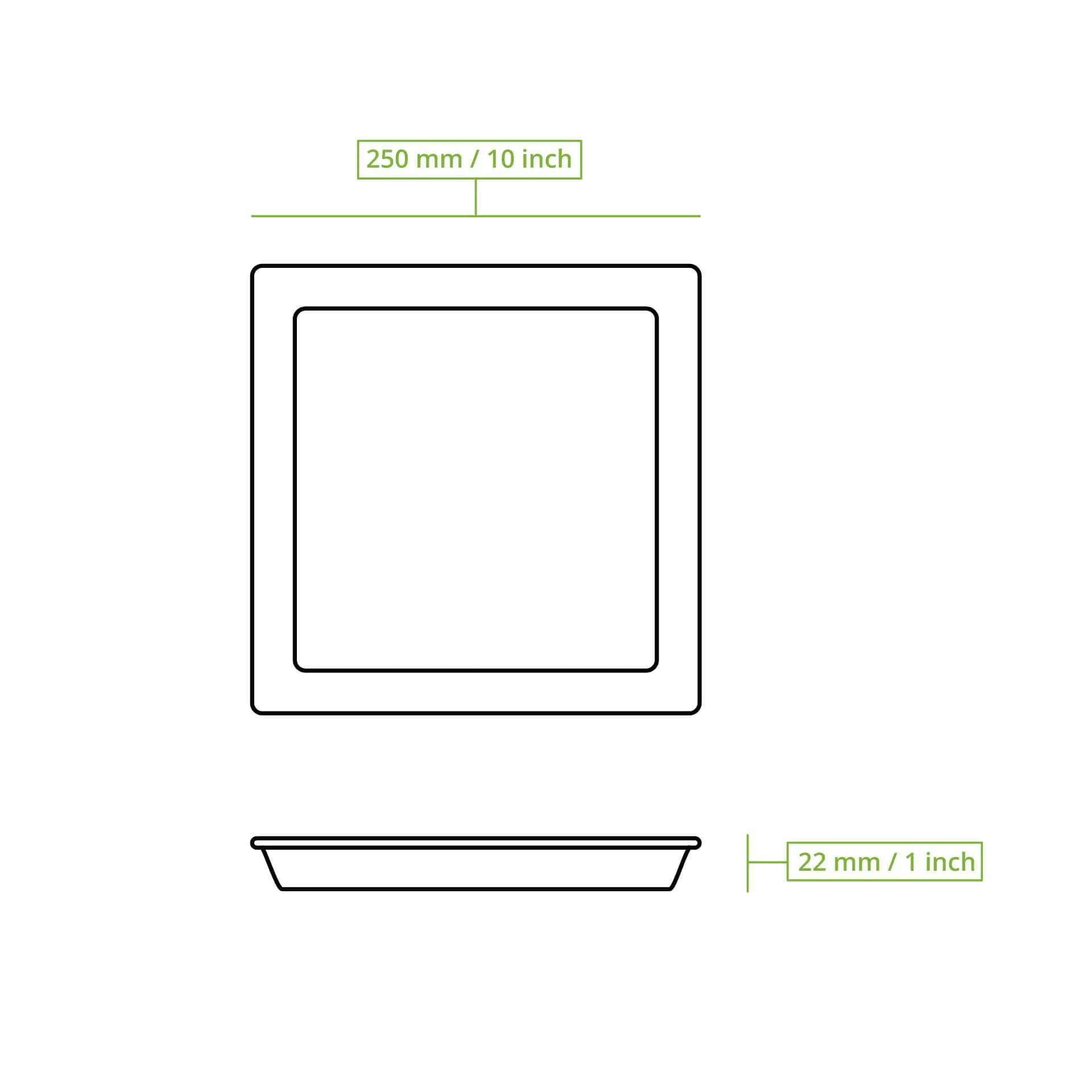 Piatto quadrato in foglia di palma di 25 x 25 cm, mostrato con dimensioni aggiuntive e design a profilo basso.