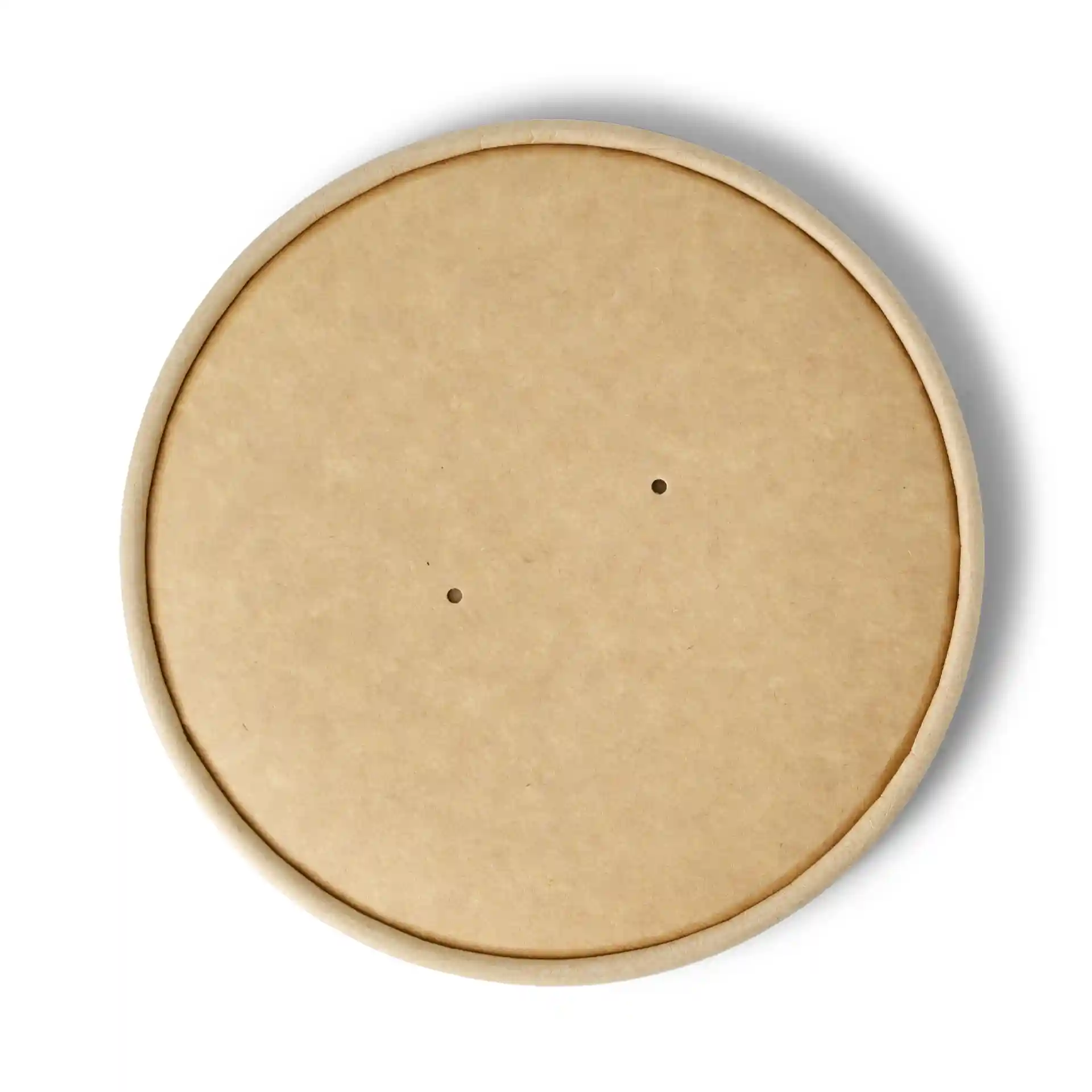 Coperchio rotondo in cartone marrone con due piccoli fori, misura 150 mm di diametro e 17 mm di altezza.