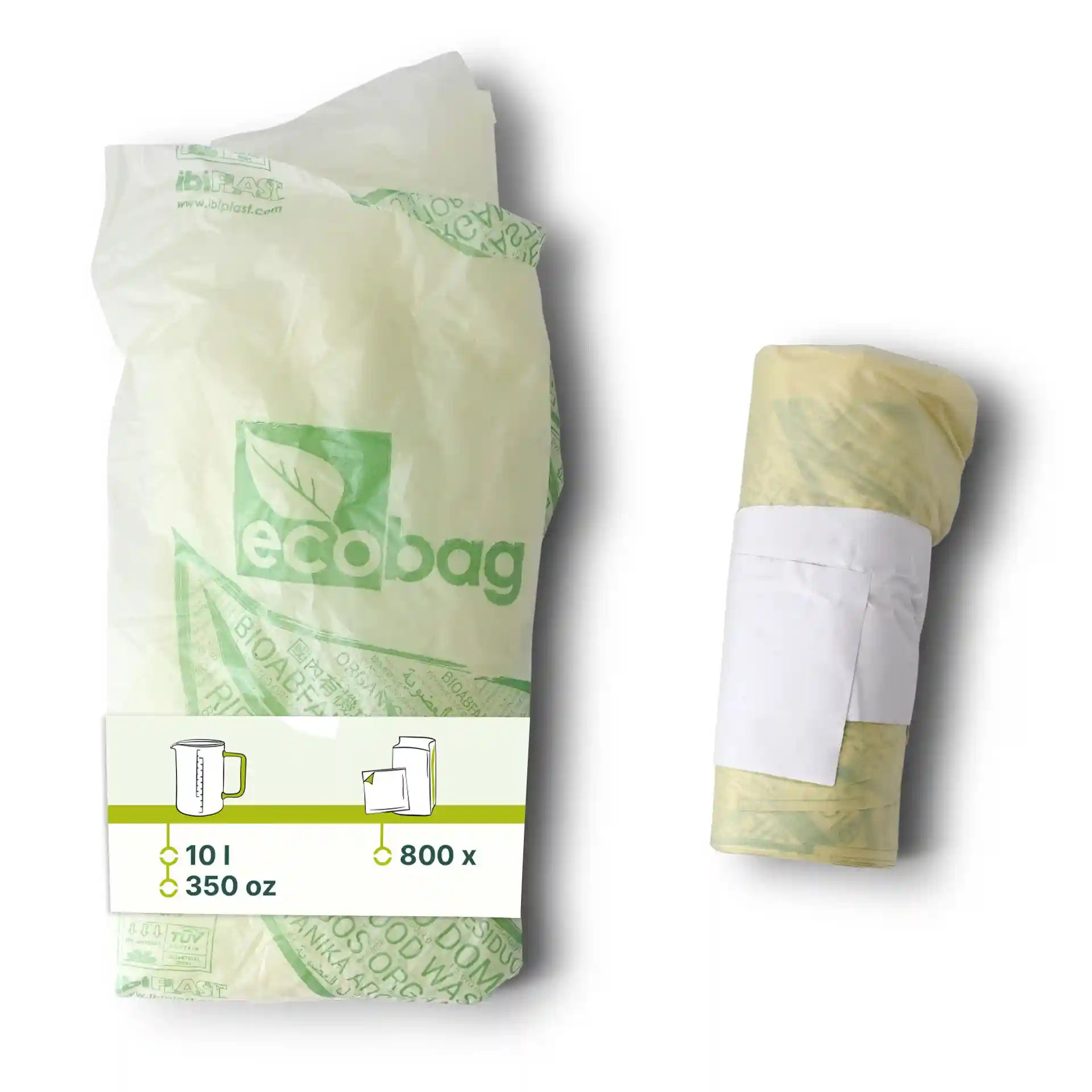 Sacchetti bio trasparenti in PLA, 42x42 cm, confezionati con un'etichetta che mostra una capacità di 10 litri e 800 sacchetti.