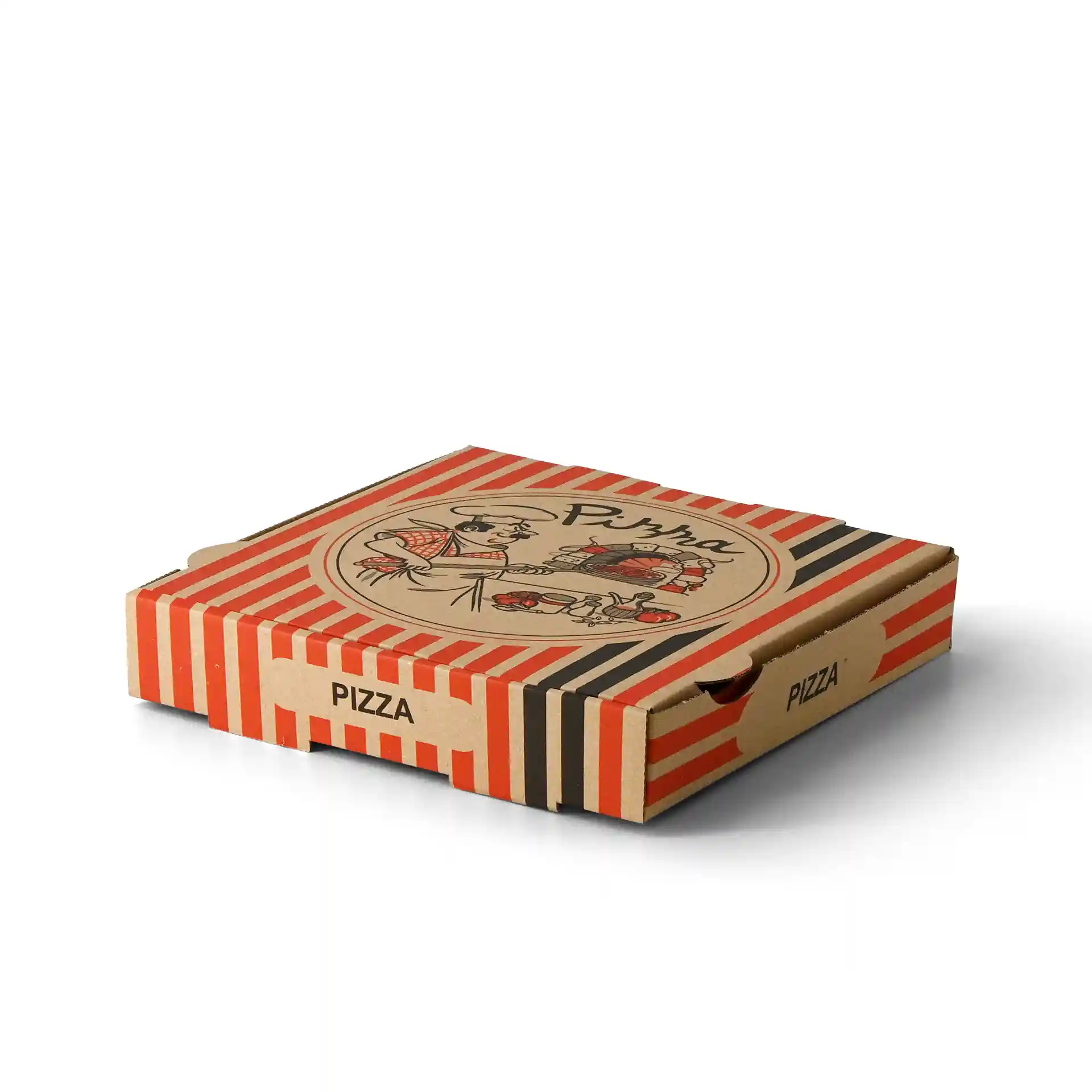 Scatola per pizza con design di chef pizzaiolo, marrone con strisce rosse e nere, misura 26 x 26 x 4 cm.
