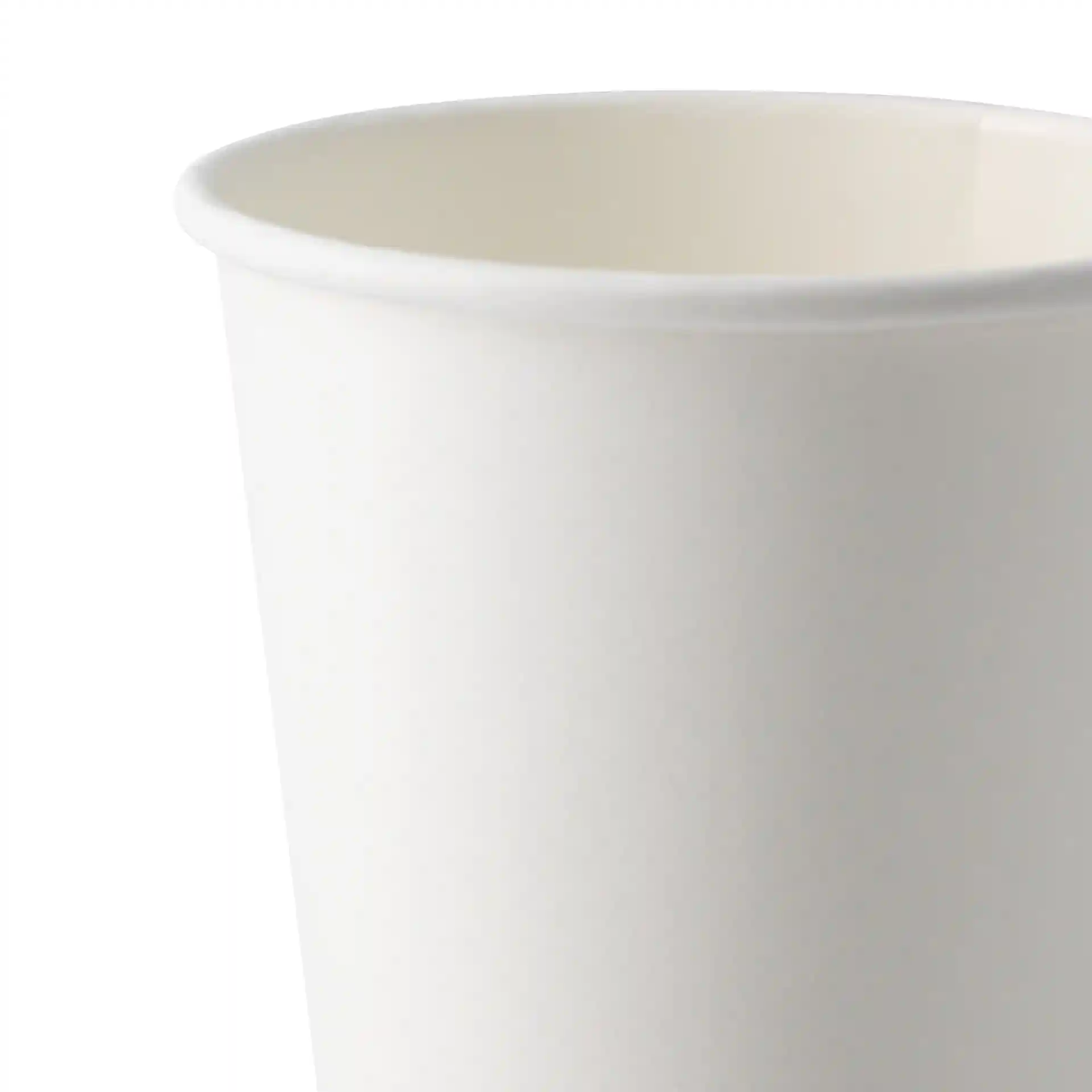 Bicchiere di carta bianco con parete singola, capacità di 200 ml e diametro di 80 mm, mostra il bordo superiore e l'interno.