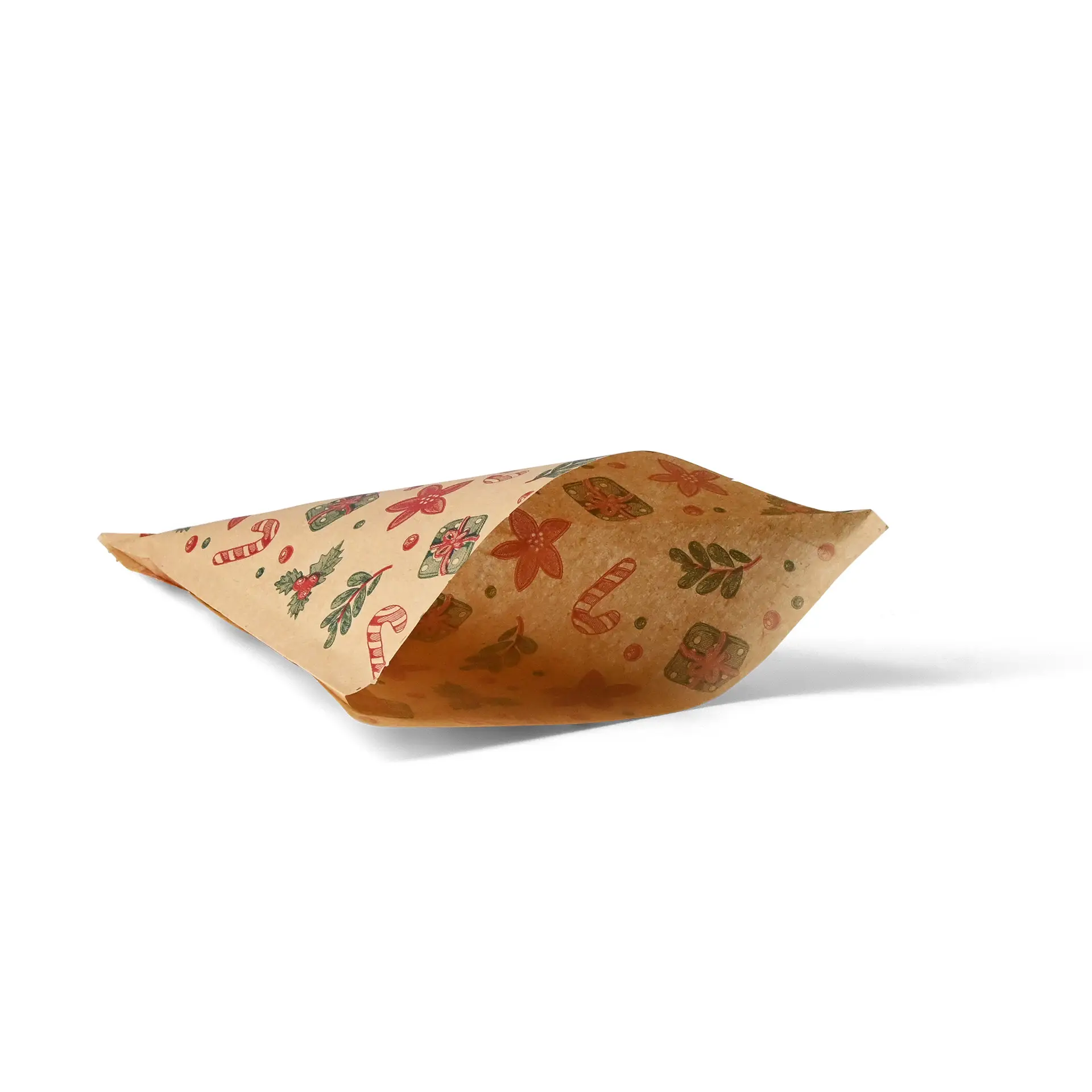 Busta marrone resistente al grasso con design invernale, con bastoncini di zucchero e fiori, misura 19 x 19 cm.