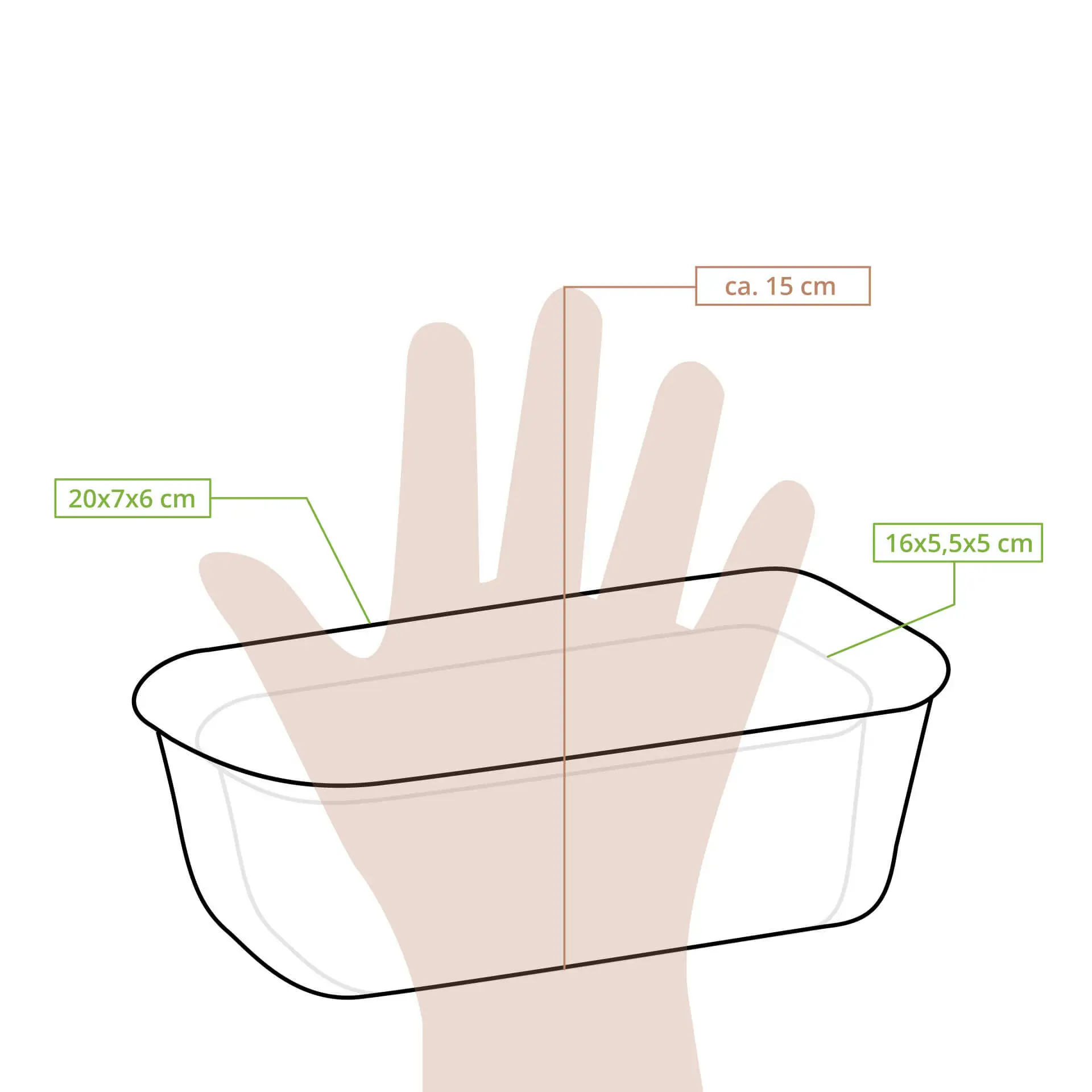 Stampo da forno in carta di cacao biodegradabile, rettangolare, misura 20x7x6 cm, mostrato con mano per riferimento delle dimensioni.
