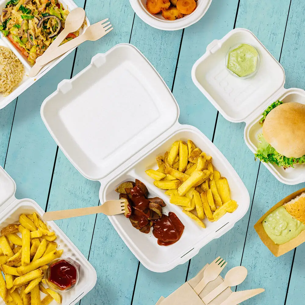 Una scatola per menu biodegradabile in canna da zucchero con patatine e carne in salsa; contenitori per alimenti e posate aggiuntivi vicini.