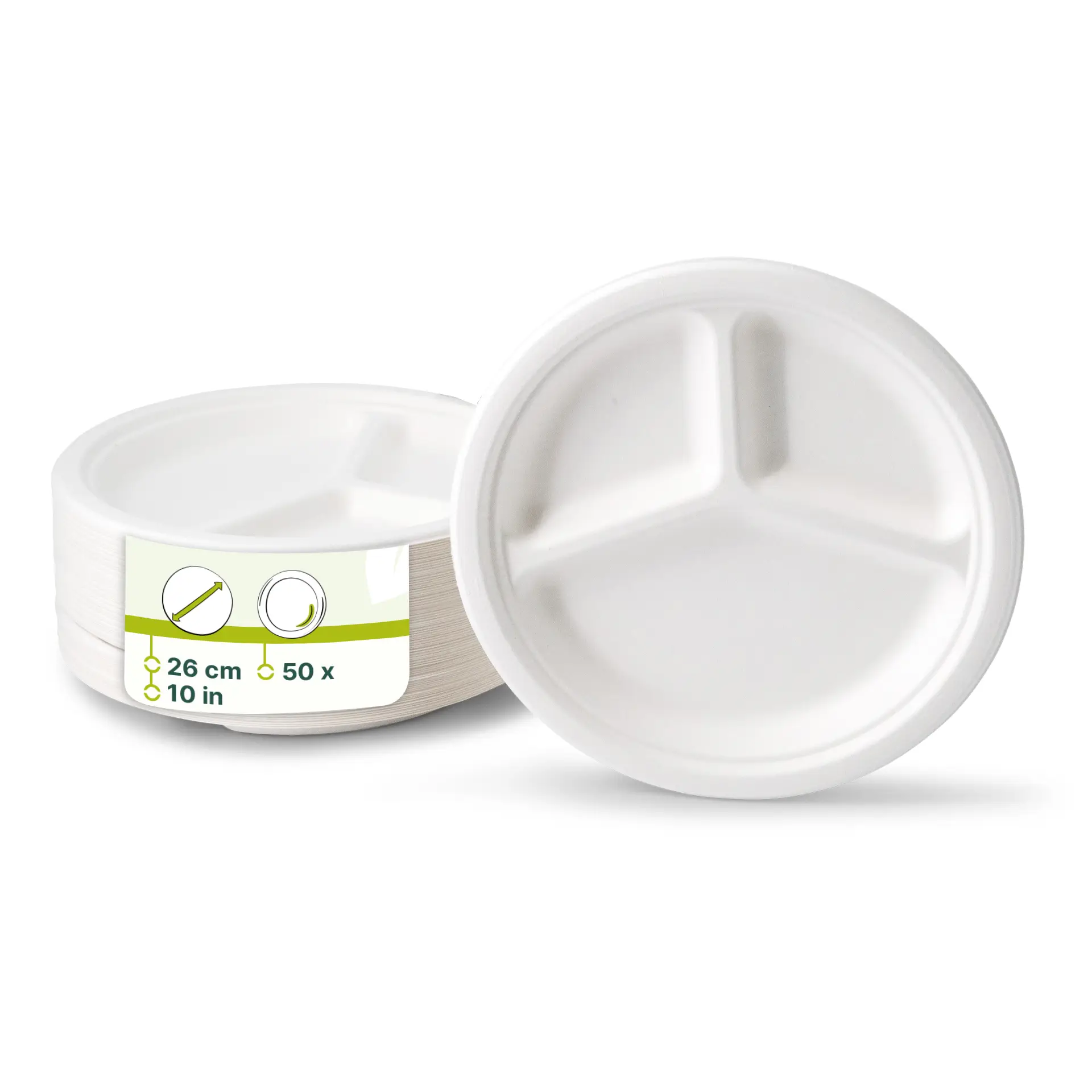 Piatto rotondo a tre scomparti in canna da zucchero biodegradabile; adatto per piatti caldi e freddi.