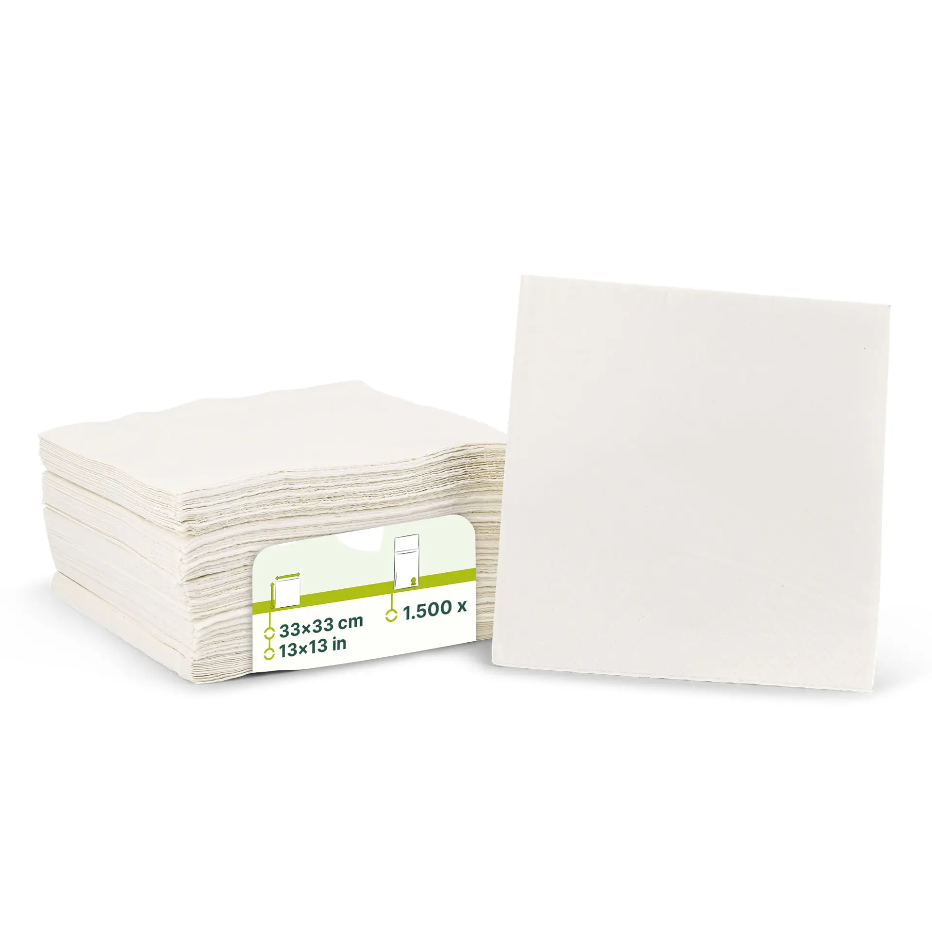 Pila di tovaglioli in carta riciclata bianchi a 2 veli, 33 x 33 cm, con un tovagliolo in posizione verticale.