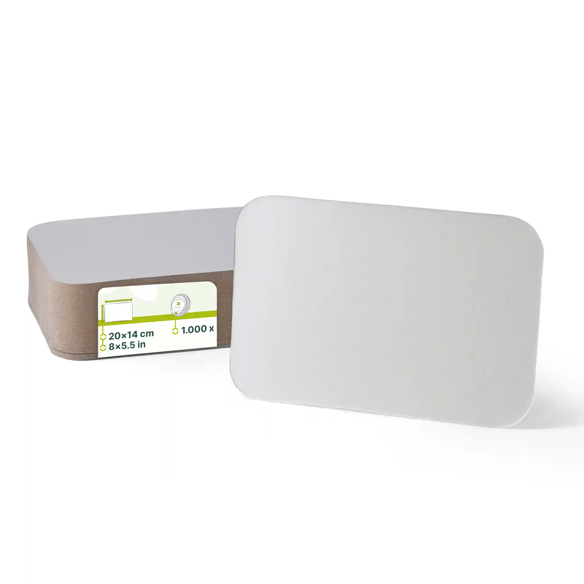 Coperchio in cartone di alluminio rettangolare per contenitore da 845 ml, misura 20 cm per 14 cm, con base marrone chiaro.