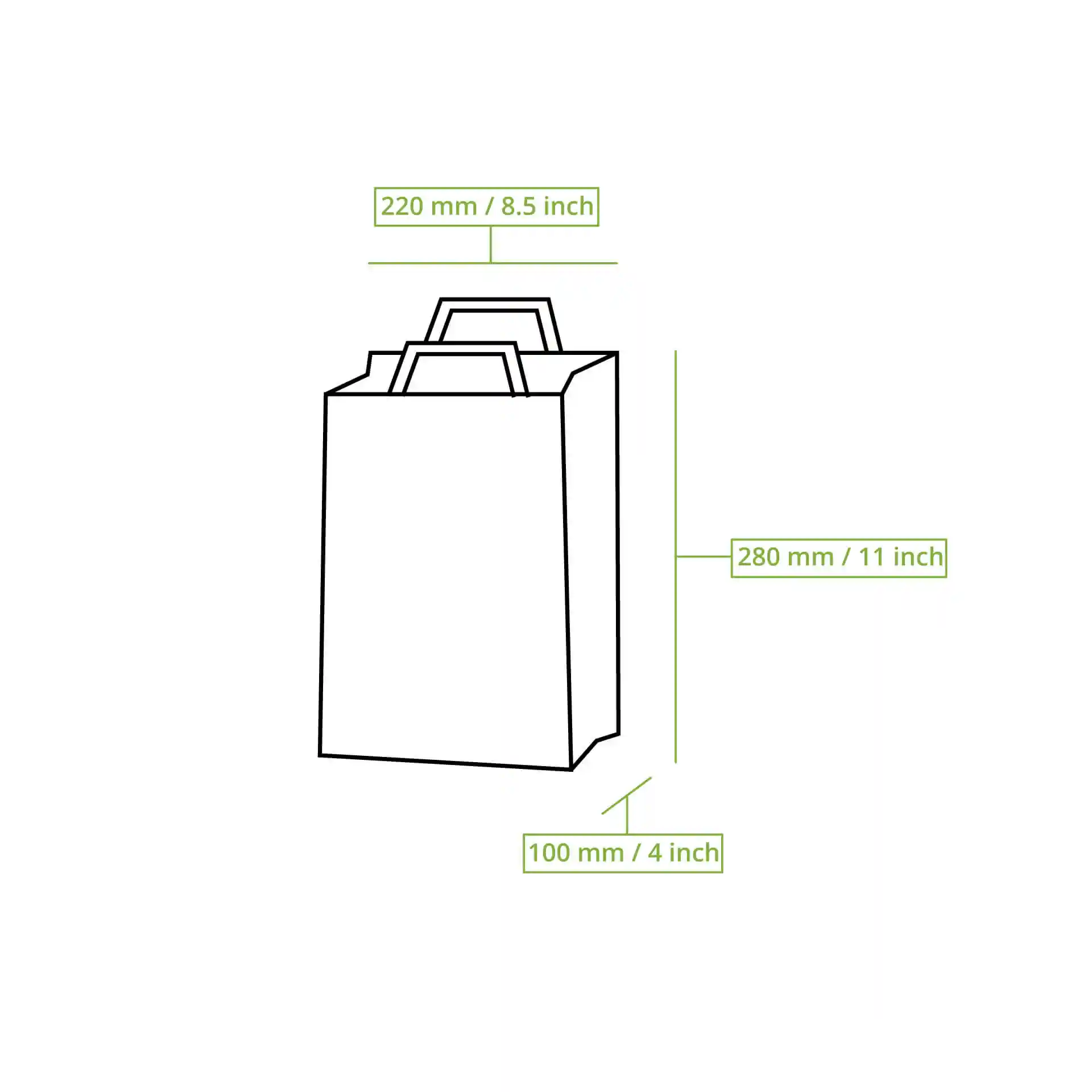 Disegno schematico di una borsa in carta kraft bianca con dimensioni etichettate: 220 mm, 280 mm e 100 mm.