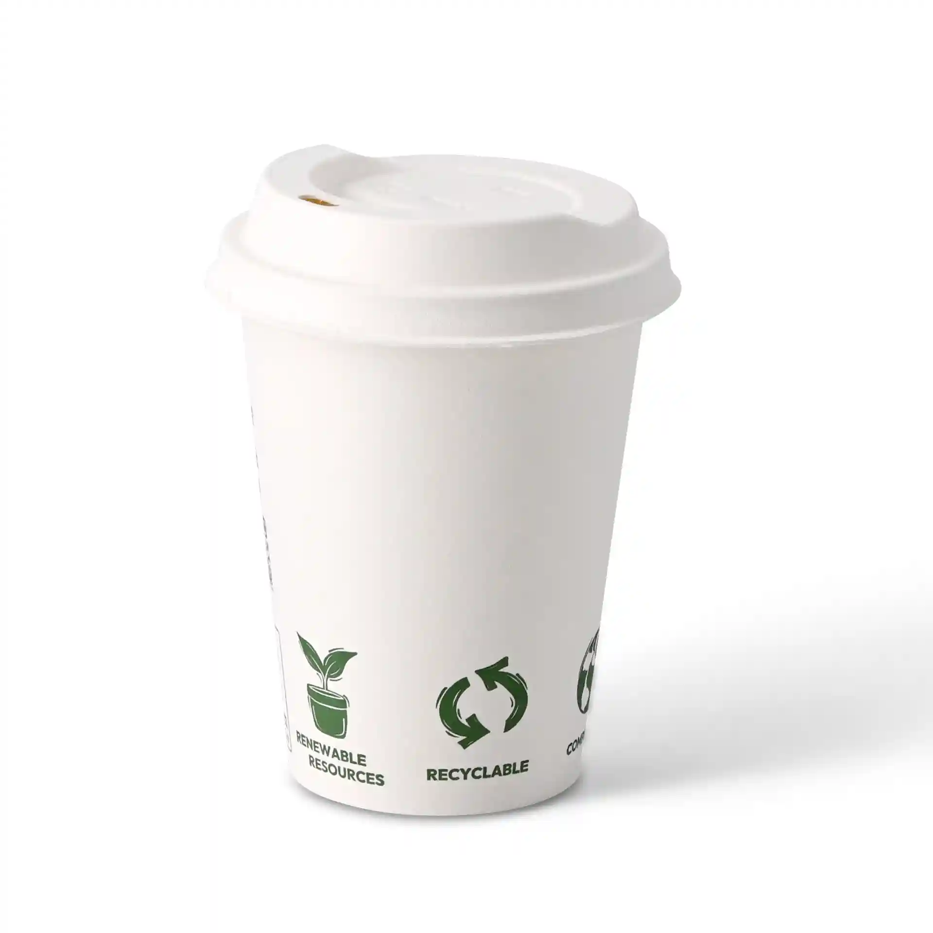 Bicchiere di carta bianco con coperchio, capacità di 300 ml, con icone verdi per risorse rinnovabili e riciclabilità.