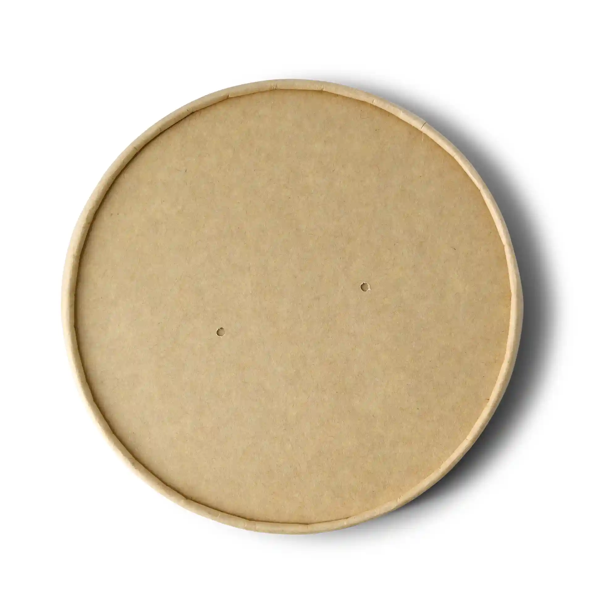 Coperchio di cartone rotondo con superficie marrone e due piccoli fori, diametro di 150 mm.