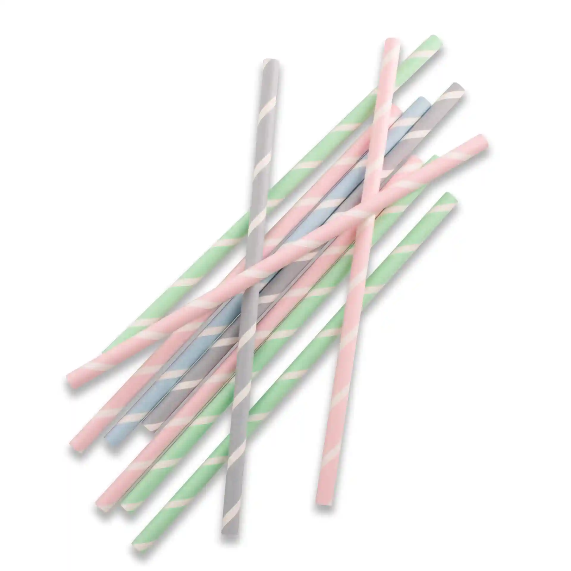 Cannucce jumbo in carta a righe pastello, lunghe 23 cm e con un diametro di 0,8 cm, disposte in un layout sparso.