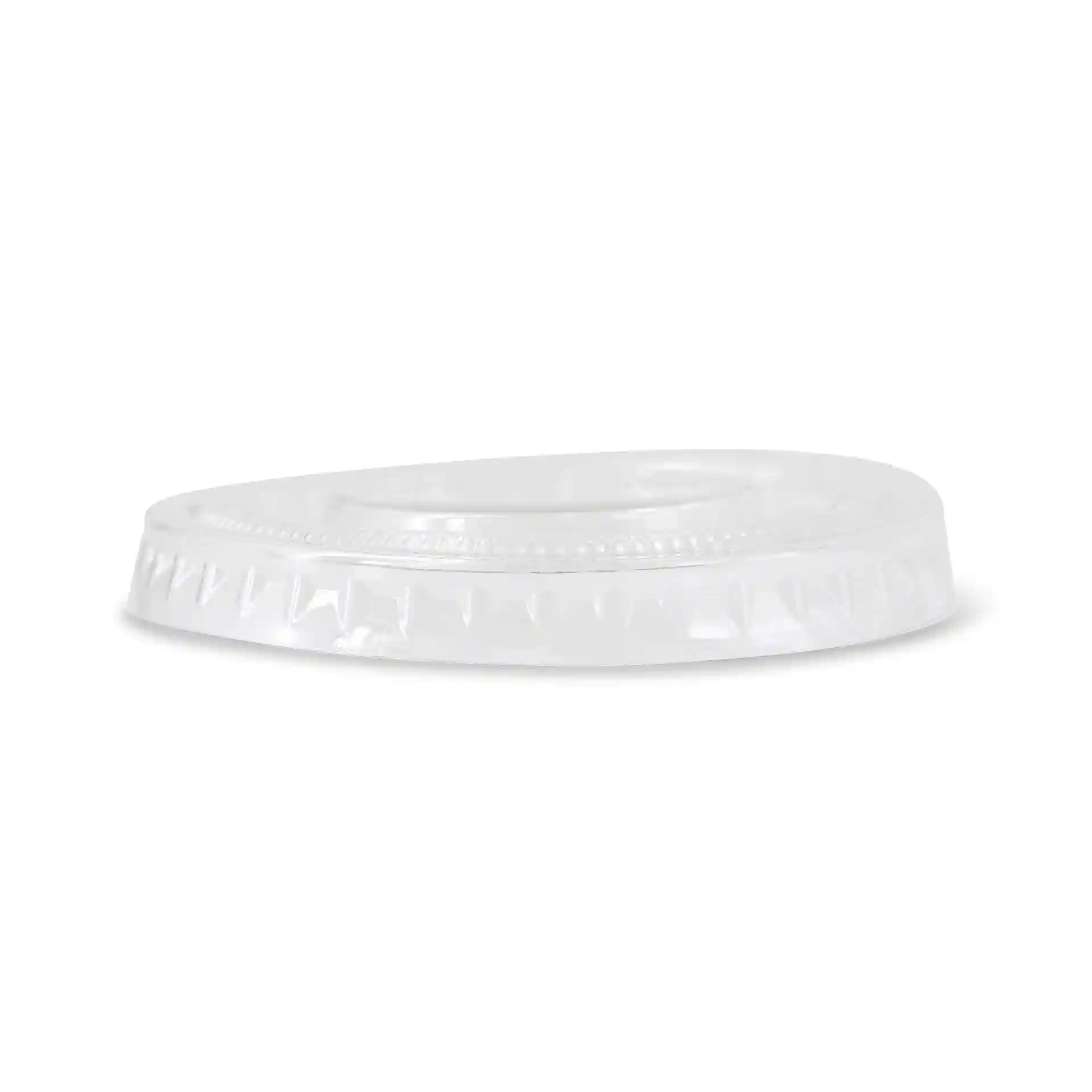 Coperchio rPET trasparente con un diametro di 62 mm e un'altezza di 7 mm, con bordo liscio.