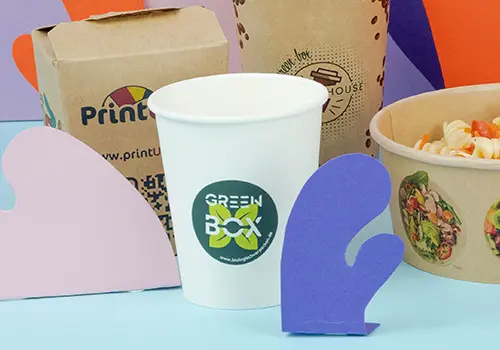 Etichetta personalizzata stampata su un coperchio di contenitore in carta kraft, con un design colorato e la parola "Logo."