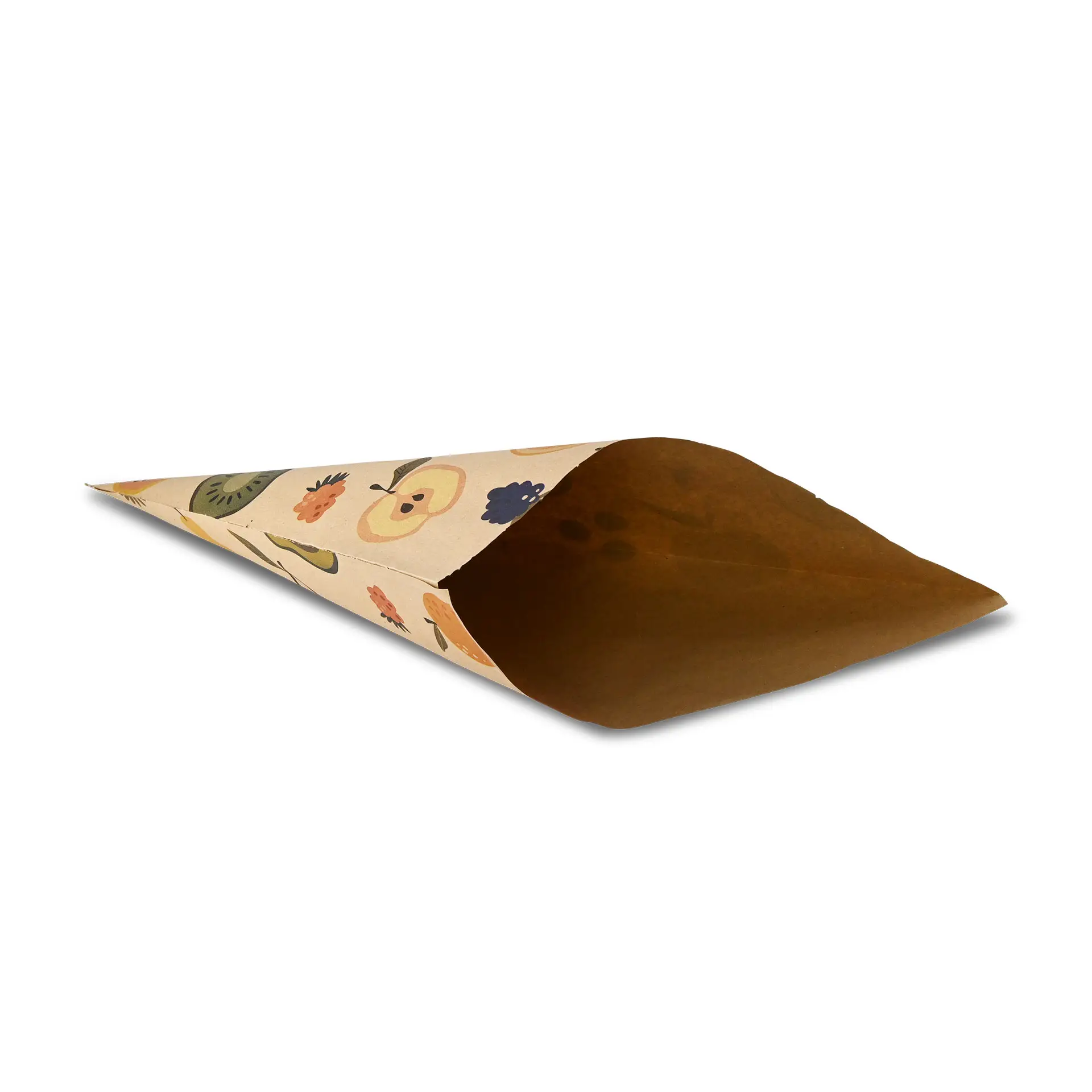 Cono di carta con esterno marrone e design floreale stampato, ideale per servire frutta e verdura.