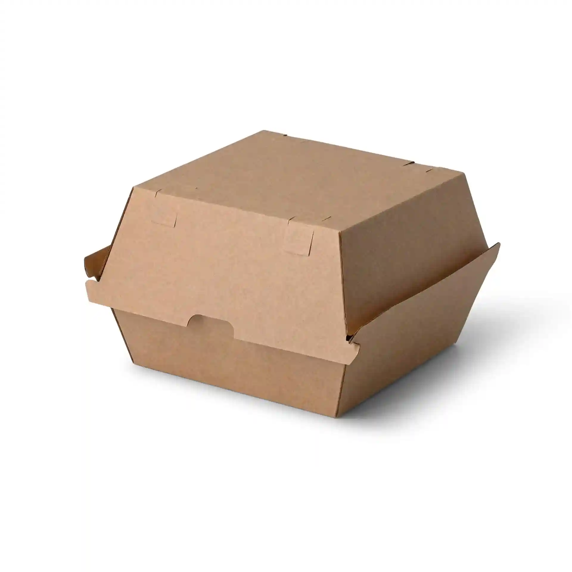Scatola per hamburger rettangolare marrone in cartone, misura 16,8 x 15,8 x 9,8 cm, con coperchio chiuso.