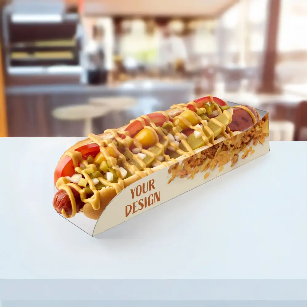 Hot dog con senape, ketchup, relish e cipolle su sfondo bianco con etichetta personalizzabile "IL TUO DESIGN."