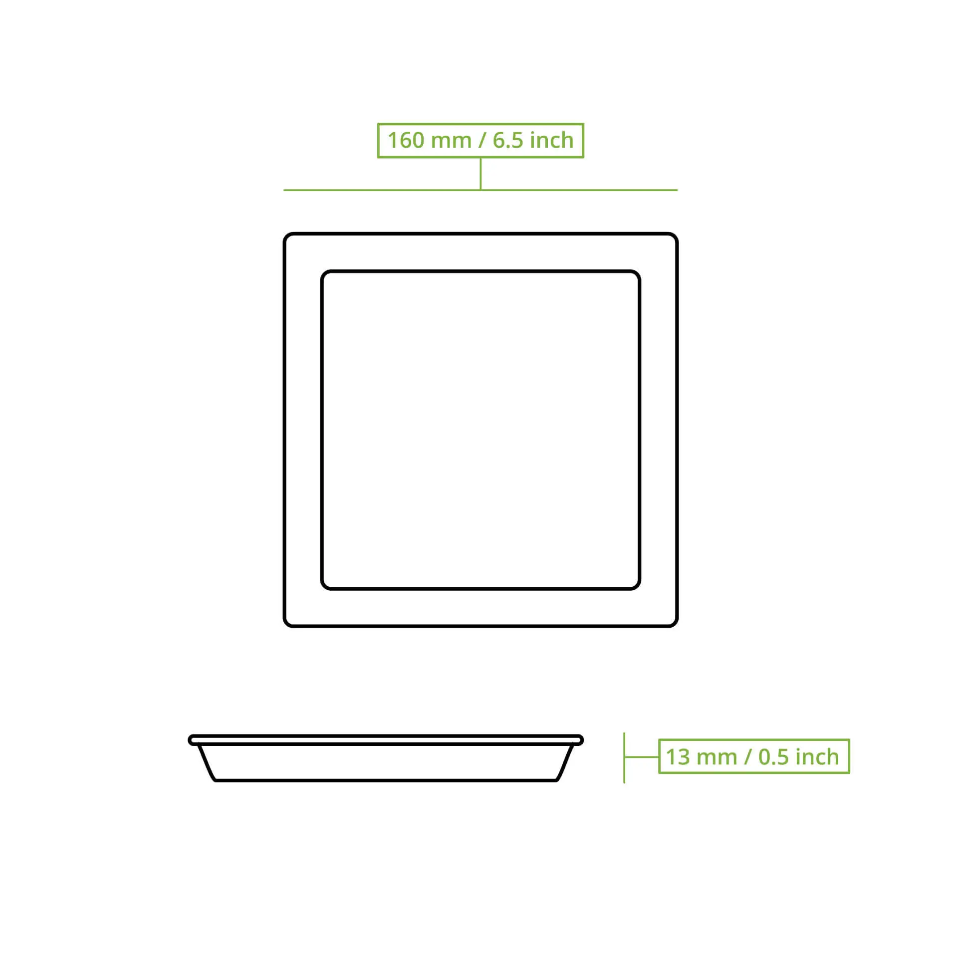Piatto quadrato in canna da zucchero bianco, misura 160 mm; mostrato con dimensioni etichettate, fondo piatto.