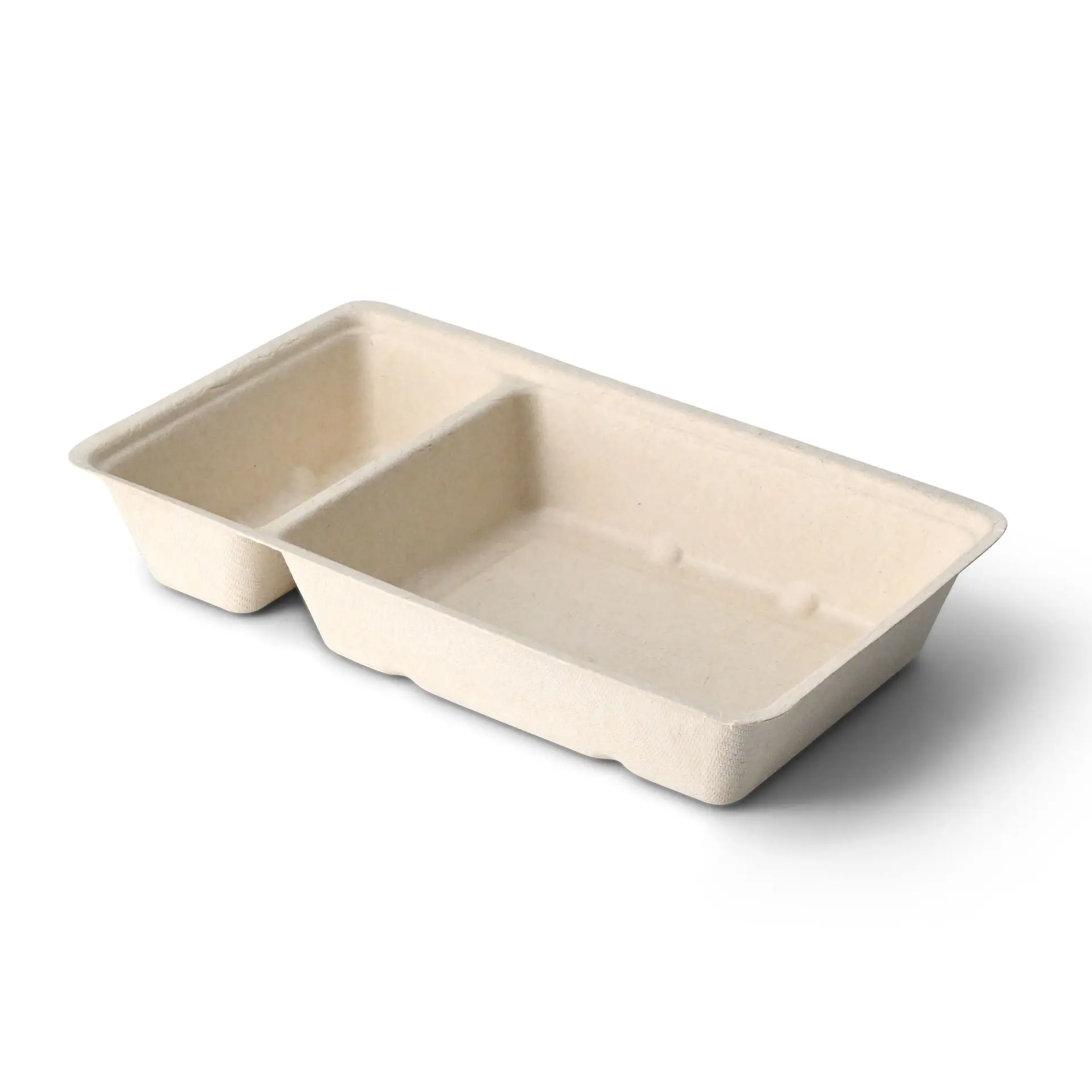 Vassoi in bagassa con due scomparti; design ecologico e biodegradabile per snack e salse.