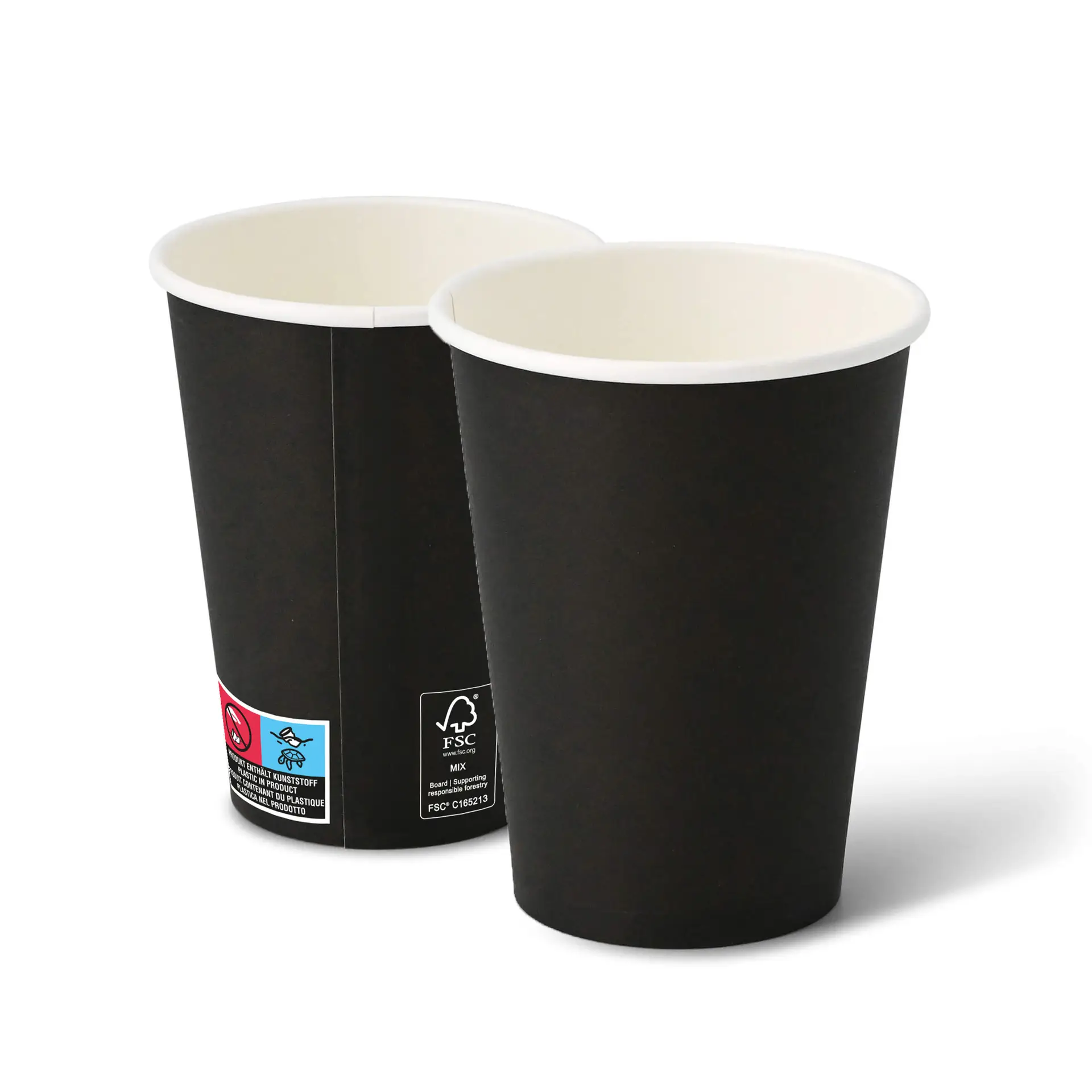 Bicchieri di cartone neri, capacità di 12 oz, forma rotonda, con interno bianco e etichette visibili sul lato.