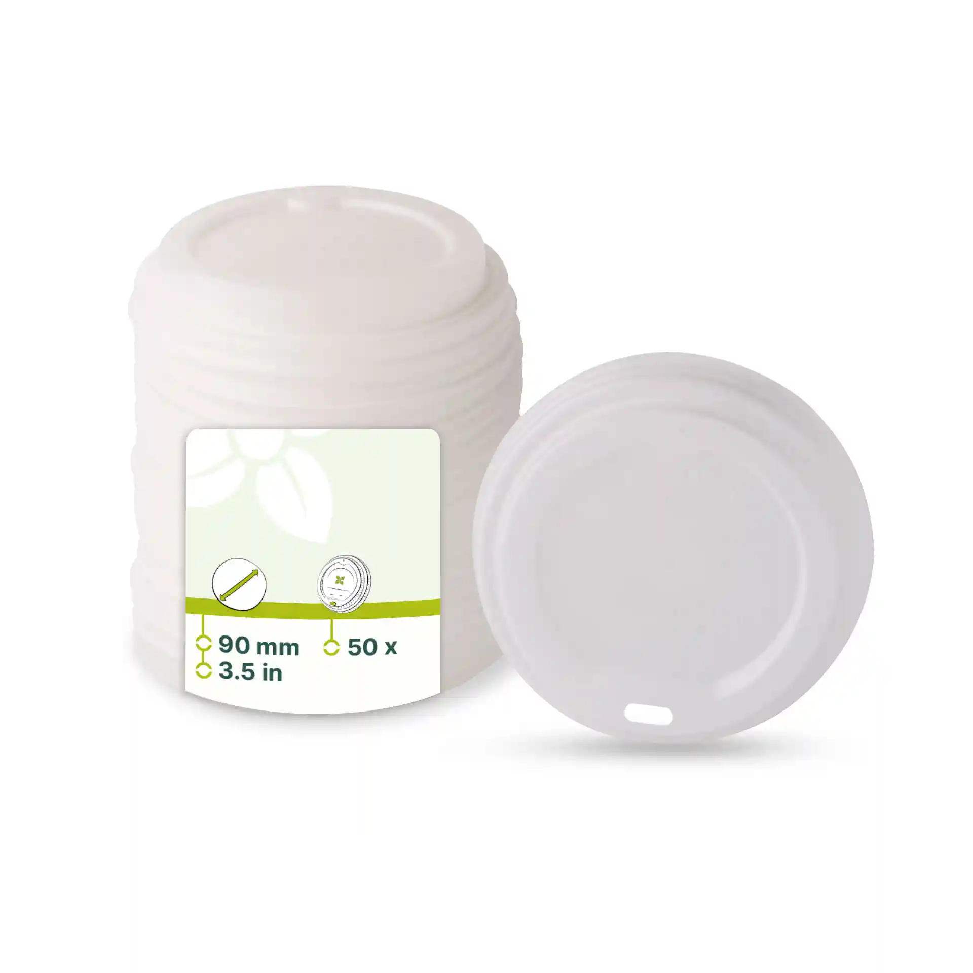 Coperchio CPLA bianco con foro per bere, diametro di 90 mm, mostrato con una pila di più coperchi.