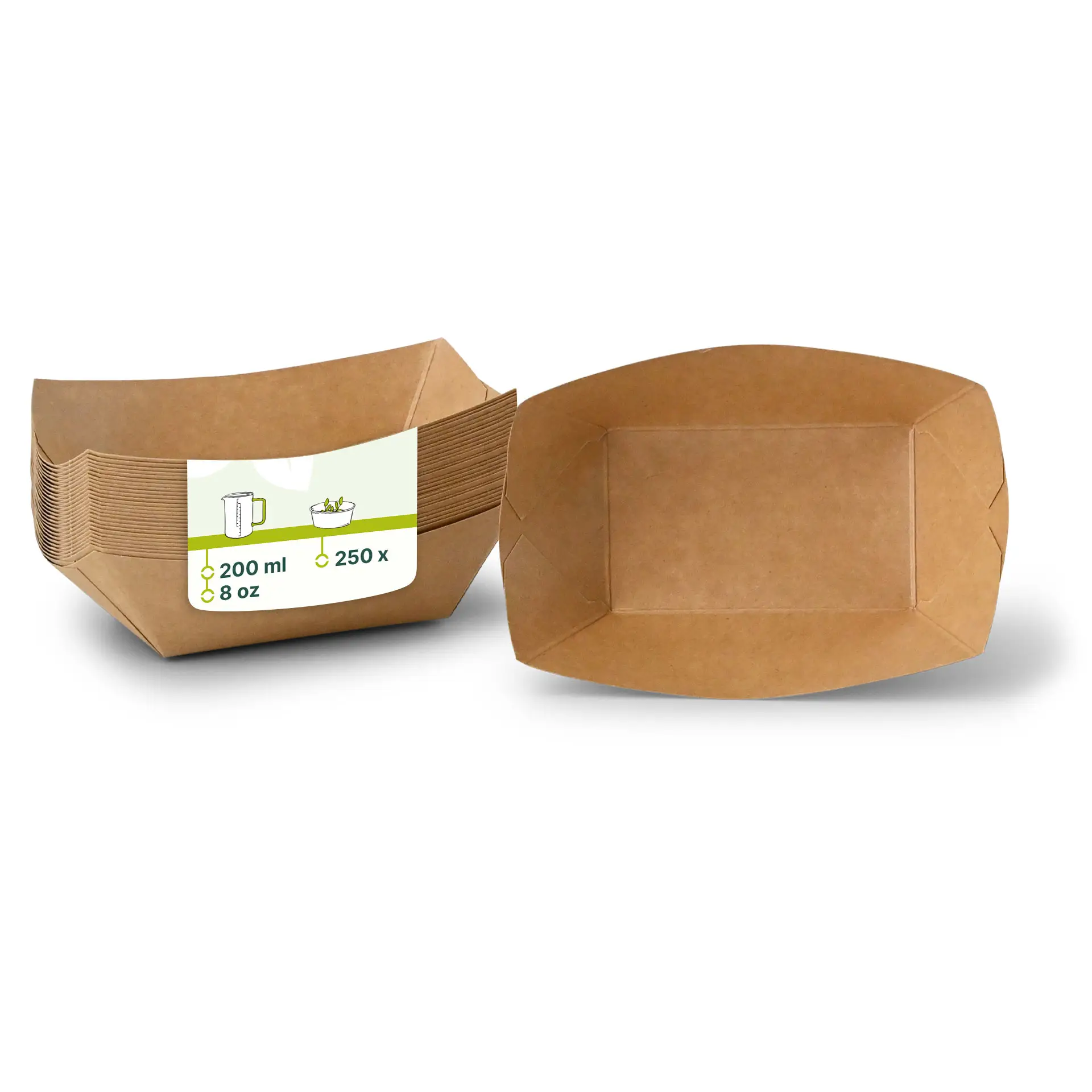 Vassoi per snack in cartone marrone con capacità di 200 ml; ideali per servire snack. Rivestiti in PE per resistenza ai grassi.