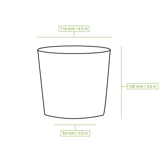 Illustrazione della tazza universale premium biodegradabile marrone; dimensioni di 116 mm di altezza e 115 mm di diametro visualizzate.