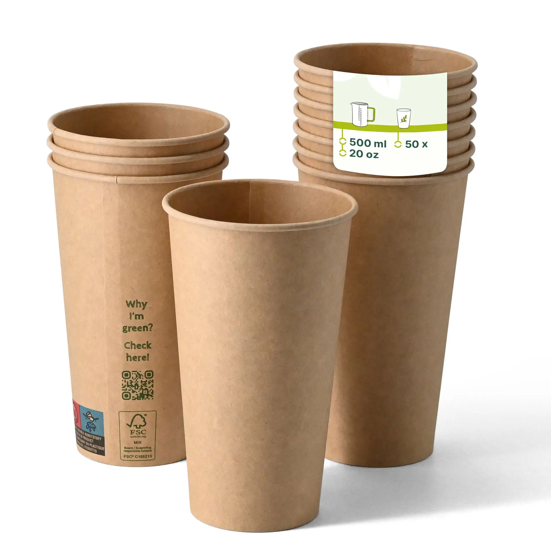 Bicchieri di carta marroni a parete singola con rivestimento PLA, adatti per bevande calde e fredde, dimensione 500 ml, impilati.