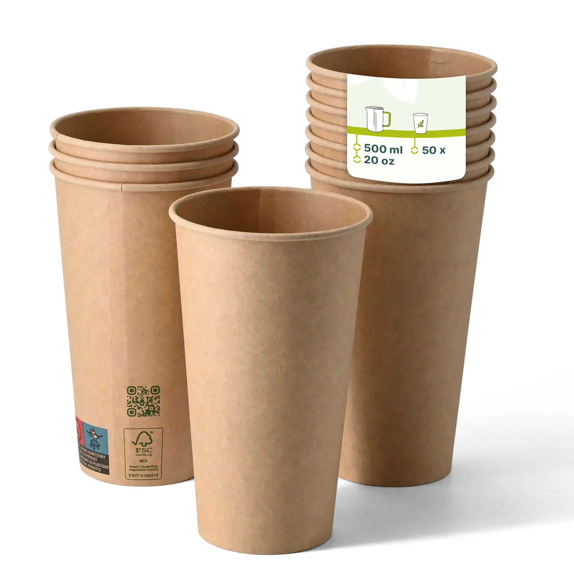 Bicchieri di carta marroni a parete singola con rivestimento PLA, adatti per bevande calde e fredde, dimensione 500 ml, impilati.