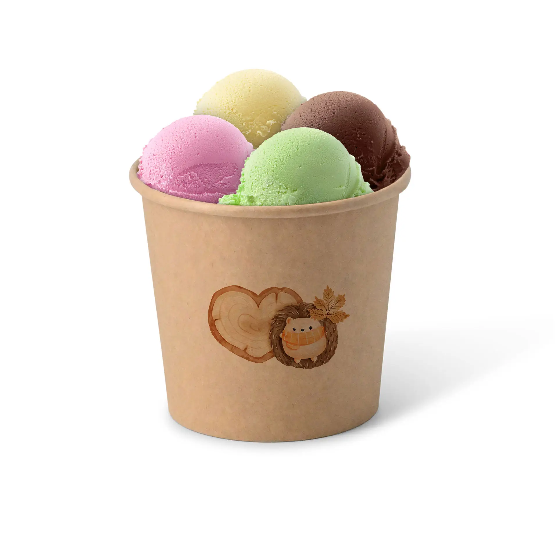 Bicchiere con quattro palline di gelato: cioccolato, verde menta, rosa e giallo, in un bicchiere di gelato marrone con design.