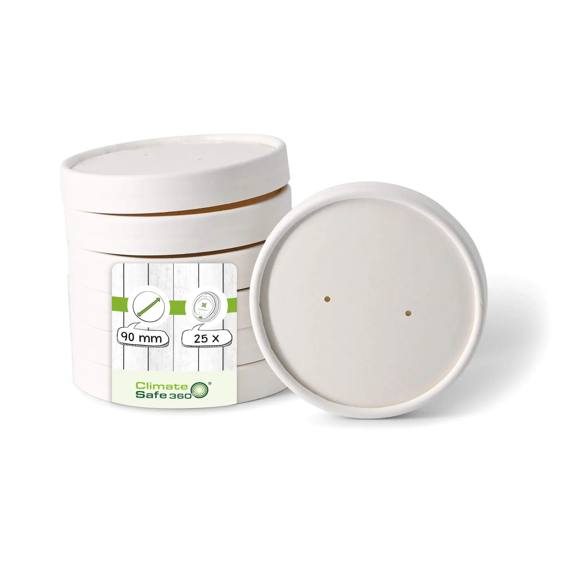 Coperchi in membrana bianca per contenitori di cartone, diametro 90 mm; pila di coperchi con fori visibili per la fuoriuscita del vapore.