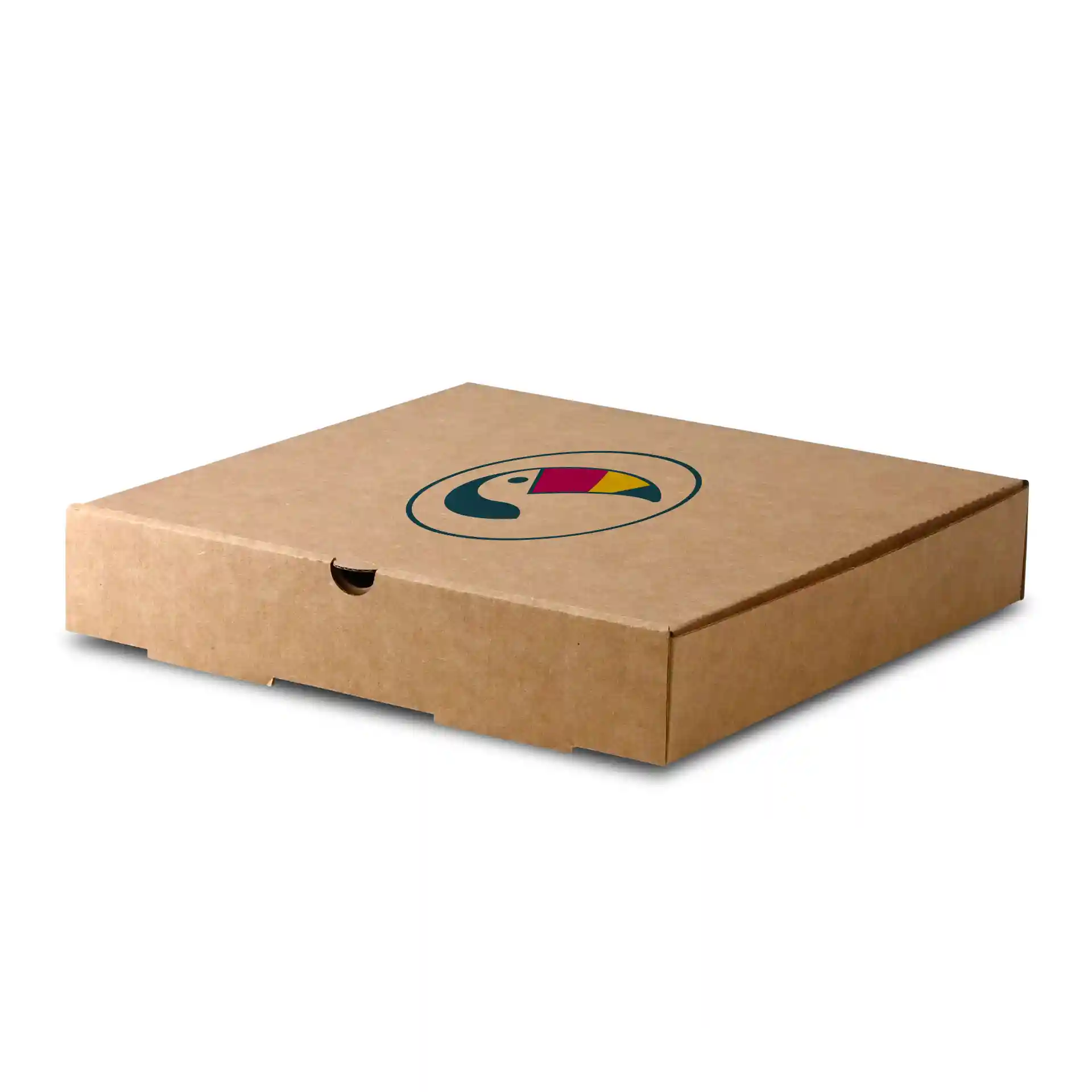 Scatola per pizza marrone con un logo circolare che presenta un design di tucano, misura 26 x 26 x 4 cm.