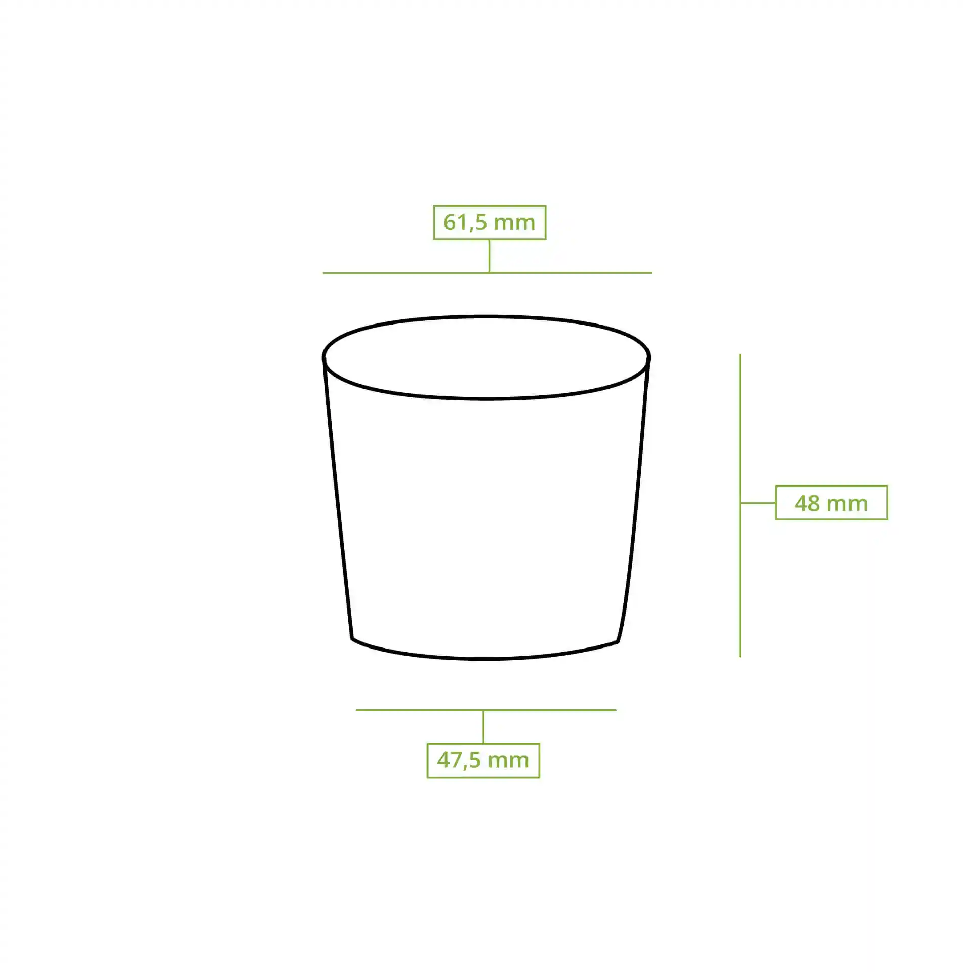 Disegno schematico di un bicchiere di carta con dimensioni: altezza 47 mm, diametro superiore 62 mm, diametro inferiore 47 mm.
