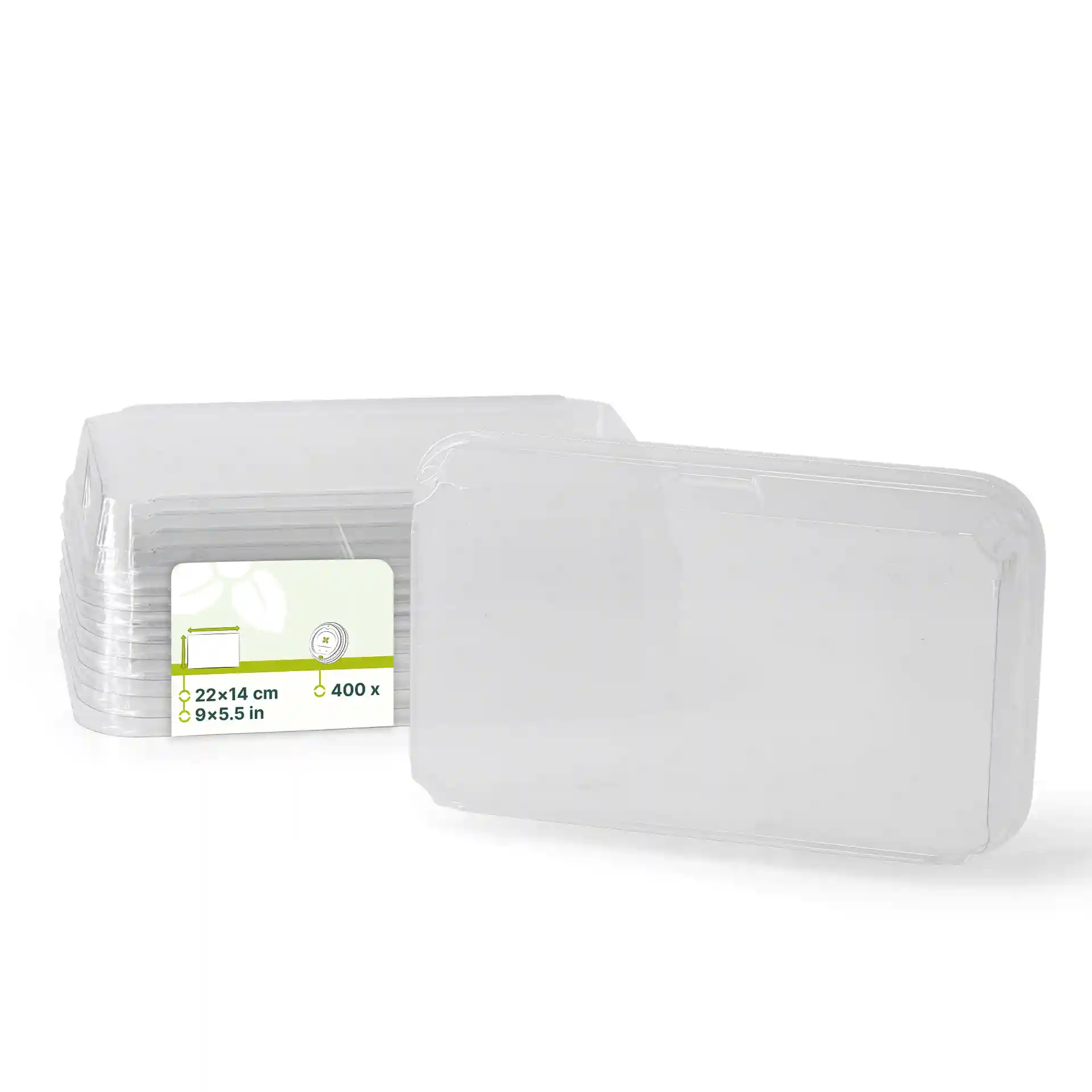 Coperchi in PET trasparenti per scatole di sushi, misurano 22 x 14 cm, impilati con un'etichetta che mostra dimensioni e quantità.