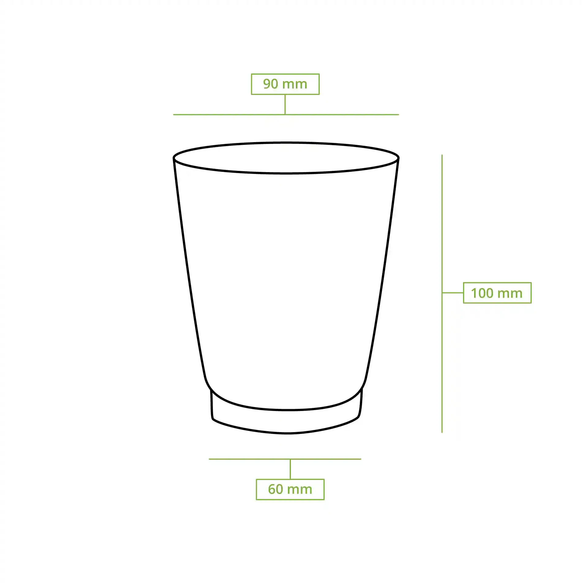 Disegno schematico di una tazza da caffè rotonda a ondulazioni con dimensioni: altezza 95 mm, diametro superiore 90 mm, diametro inferiore 60 mm.