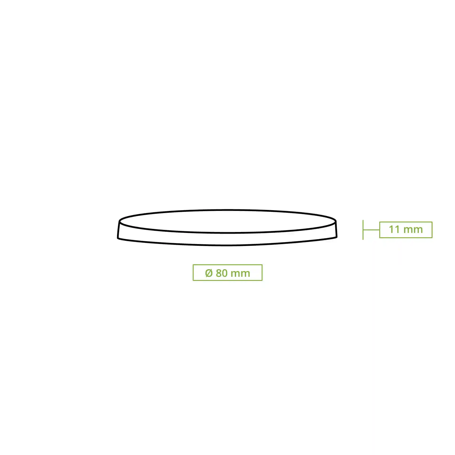 Disegno schematico di un coperchio di carta con un diametro di 80 mm e un'altezza di 11 mm.