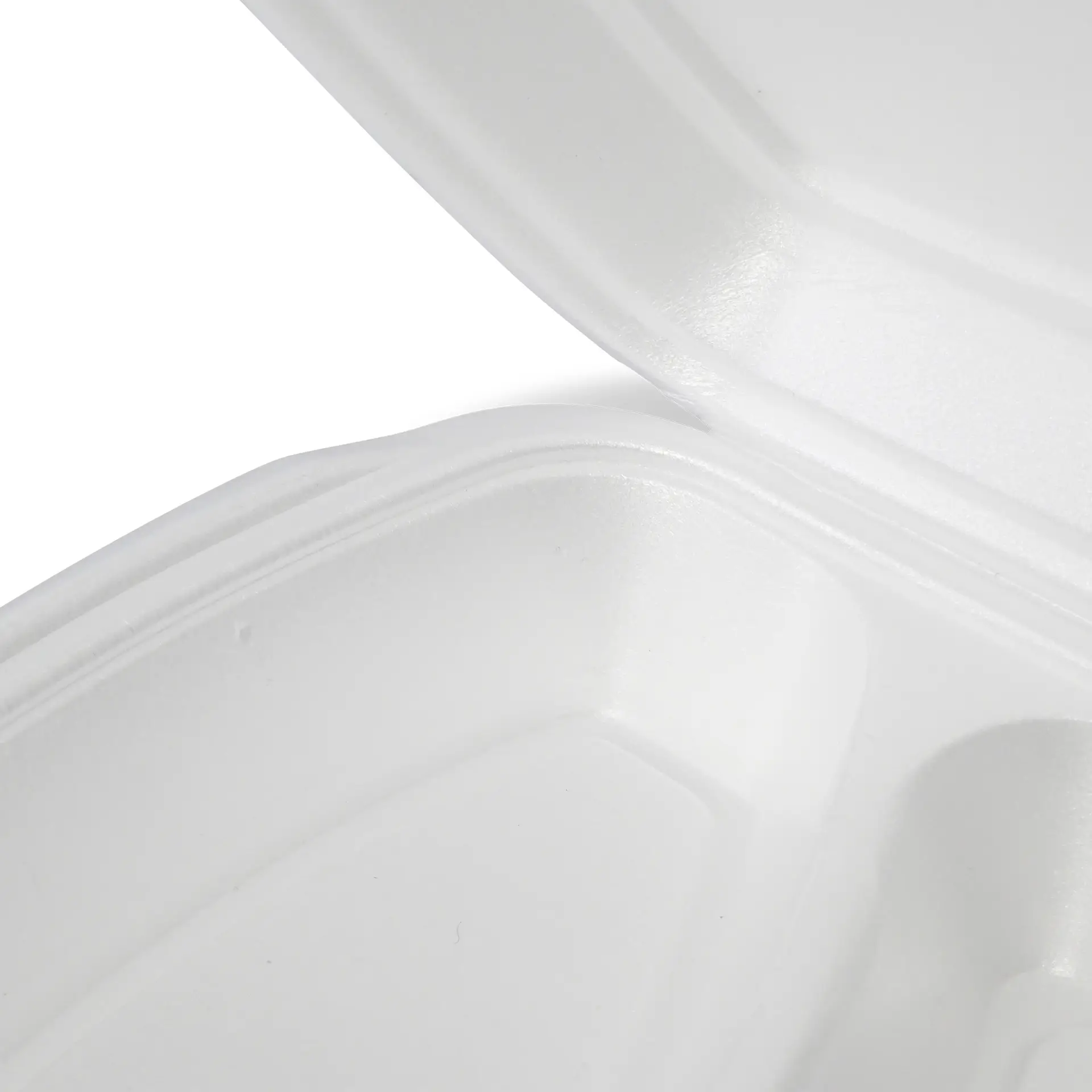 Contenitore alimentare usa e getta bianco con coperchio a cerniera, che mostra lo spazio interno.