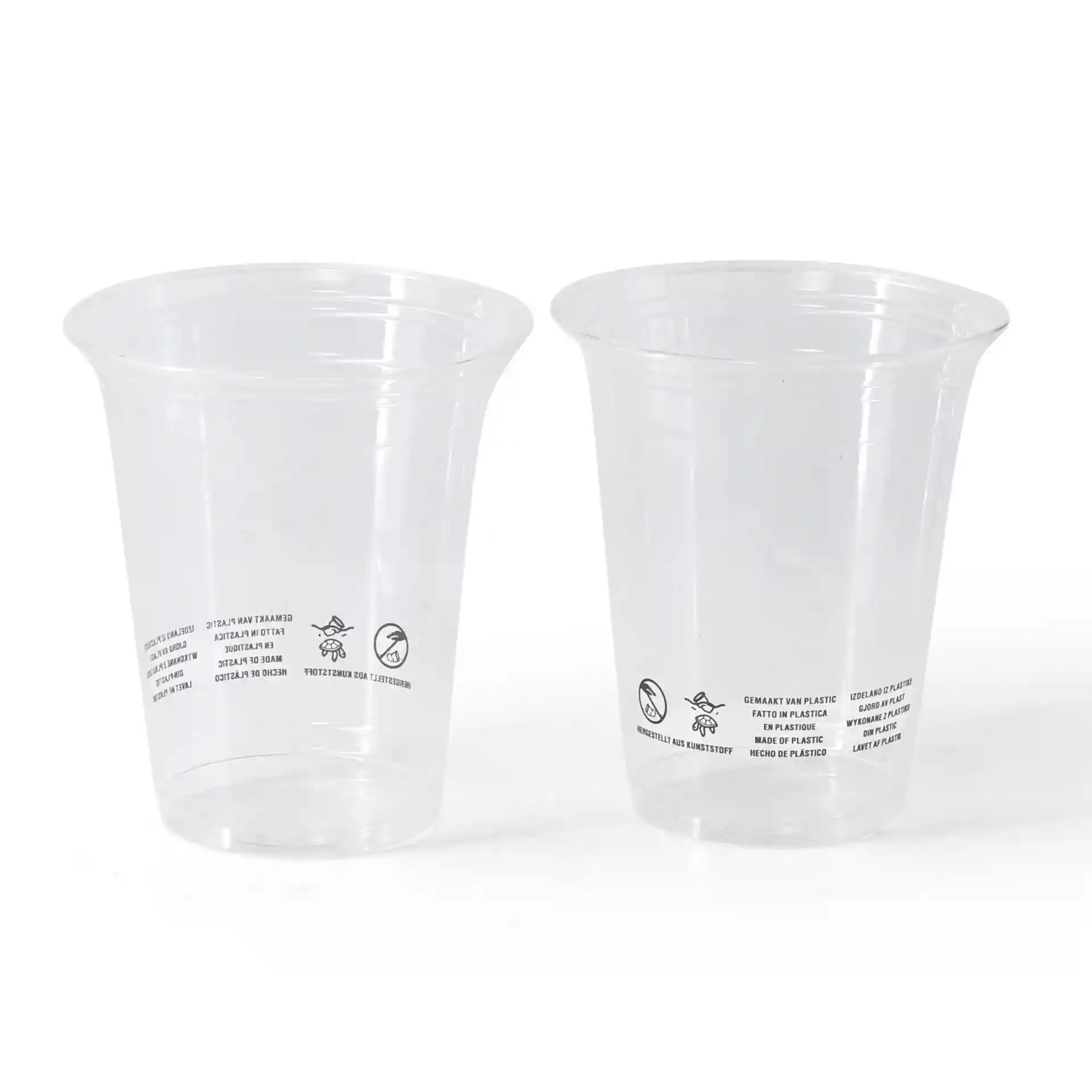 Bicchieri in plastica PLA trasparente, capacità di 300 ml, con marcature visibili sui lati, due bicchieri mostrati.
