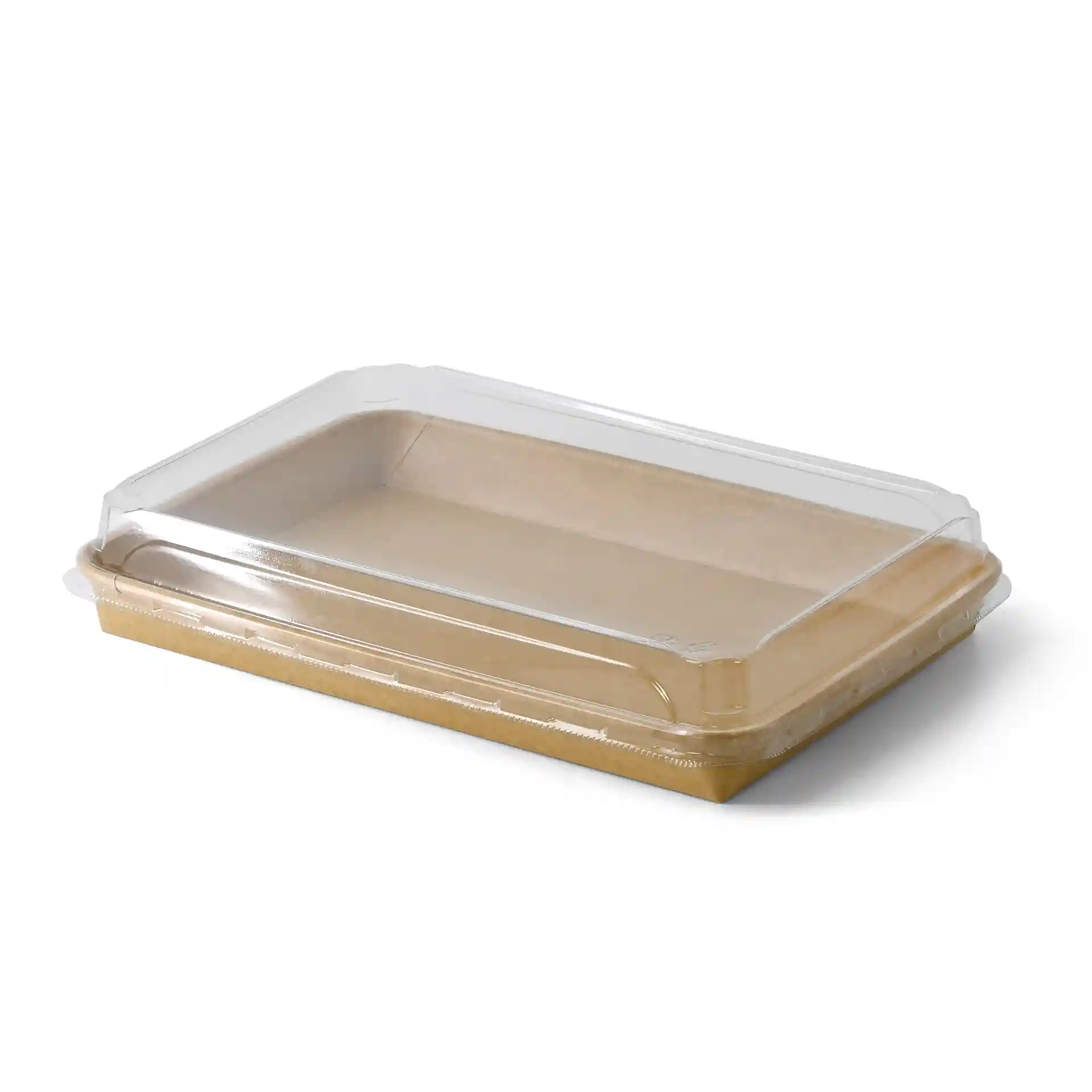 Coperchio in PET trasparente per scatole di sushi, misura 25,5 x 18 cm, altezza 3,5 cm.