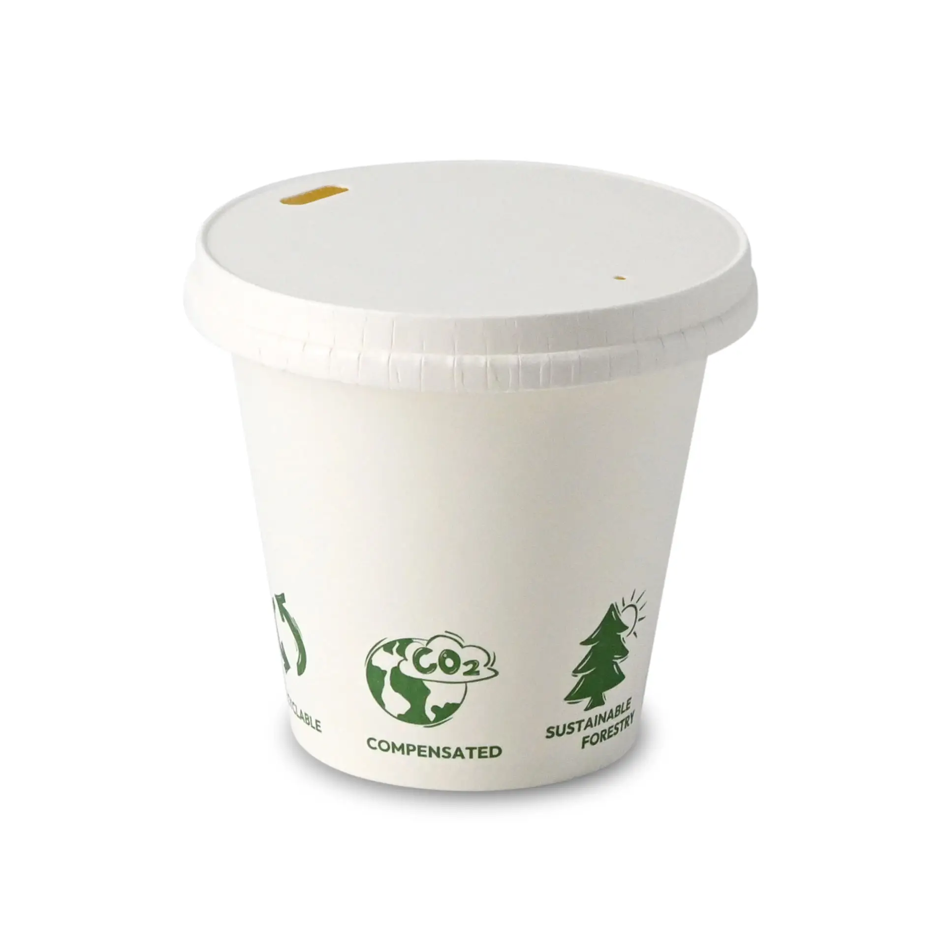 Bicchieri di carta 150 ml / 6 oz, Ø 80 mm, con icone "EcoUp©", monostrato, bianchi, compostabili in PLA