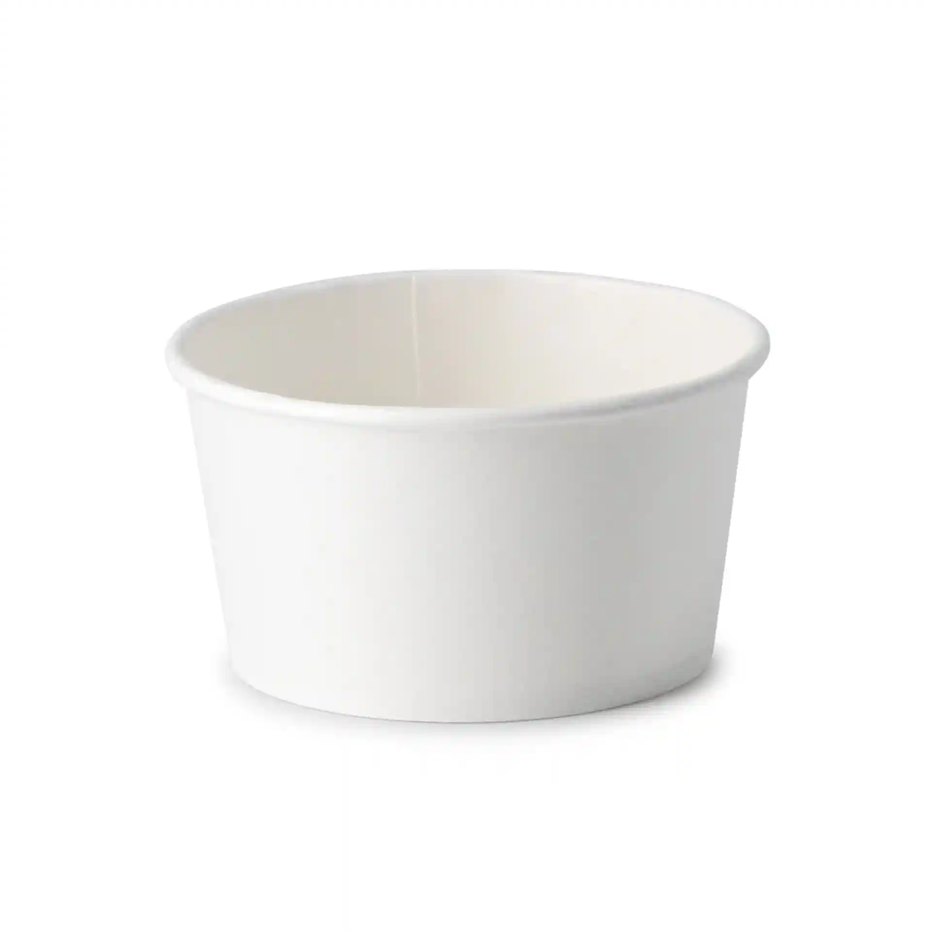 Contenitore per zuppa in carta bianco rotondo con un diametro di 115 mm e un'altezza di 62 mm.