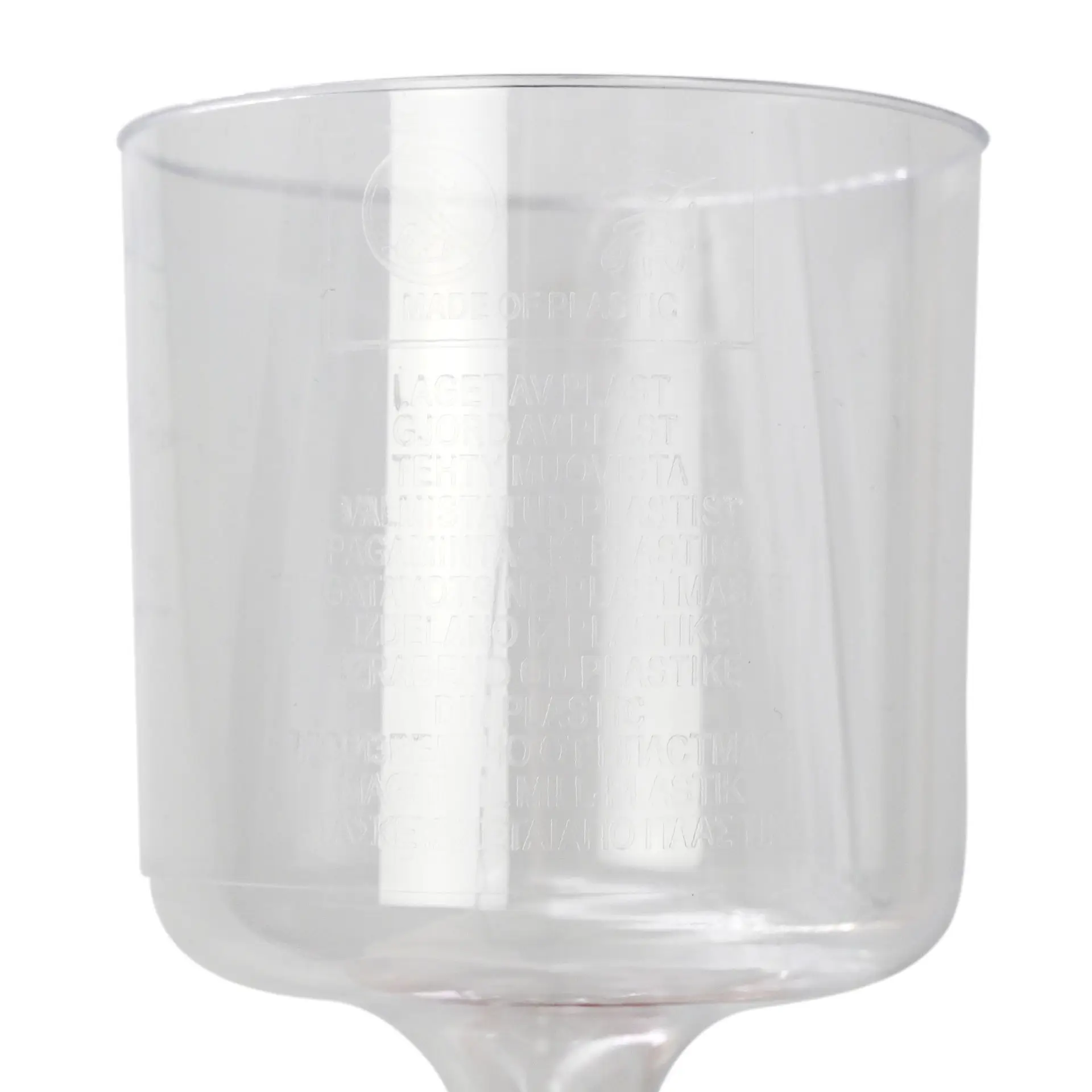 Bicchiere da vino riutilizzabile trasparente con un'altezza di 100 mm e un diametro di 70 mm in cima.