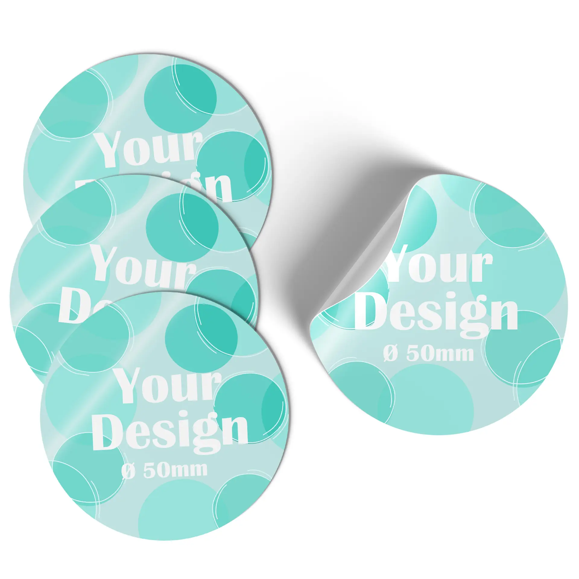 Design di adesivo circolare con sfondo blu sfumato e simbolo bianco; effetto peeling e diametro di 5 cm.
