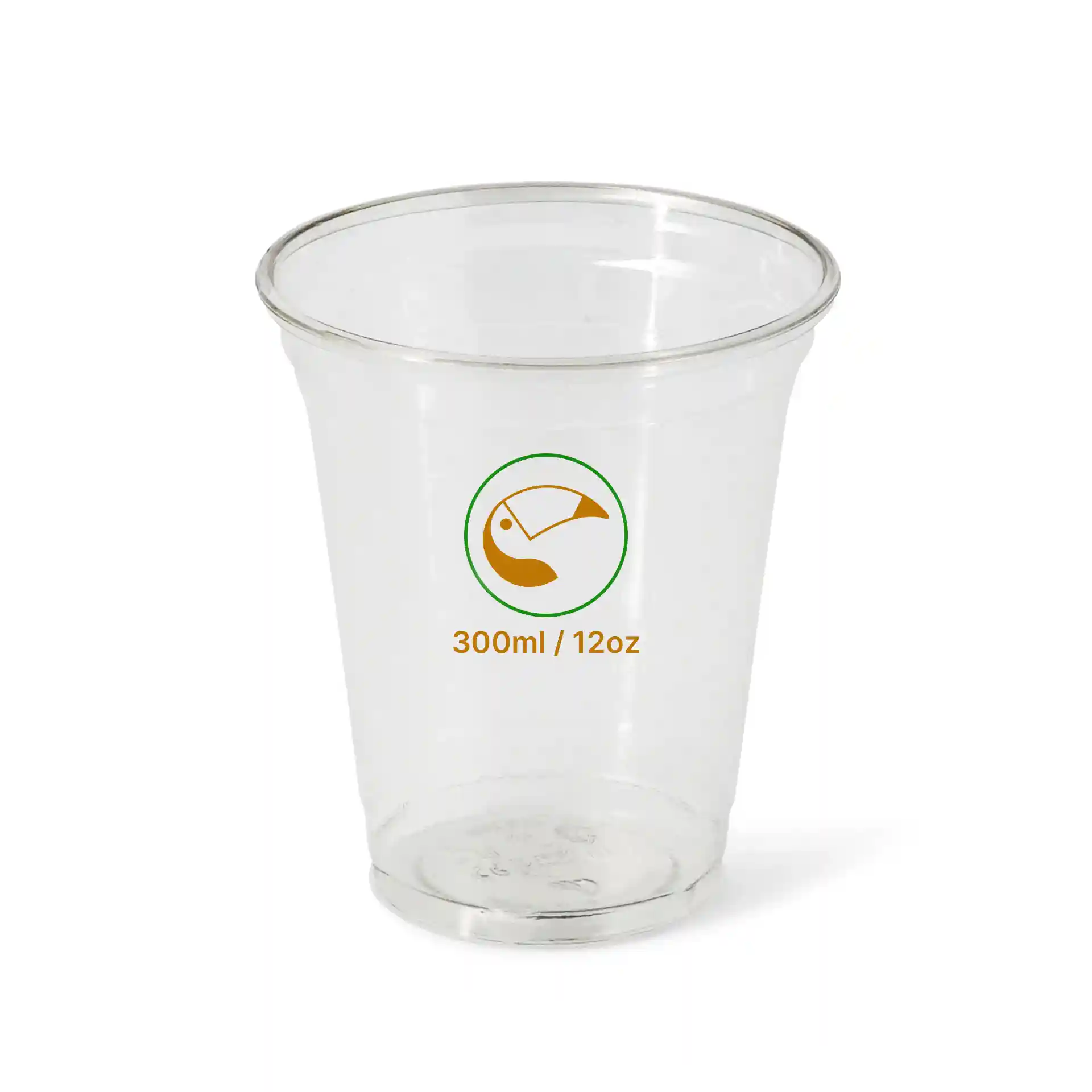 Bicchiere rPET trasparente da 12 oz, altezza di 107 mm e diametro di 94 mm, con design stampato.